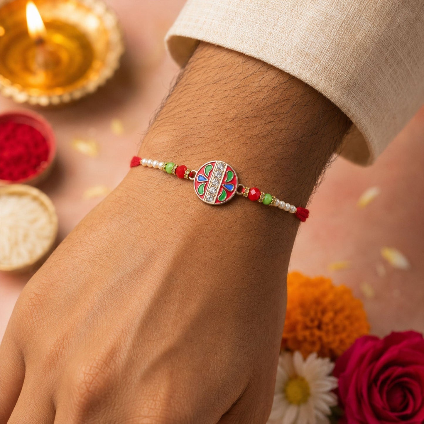 Elegant gold-lumba embellishments on the beautiful Bhabhi Rakhi.