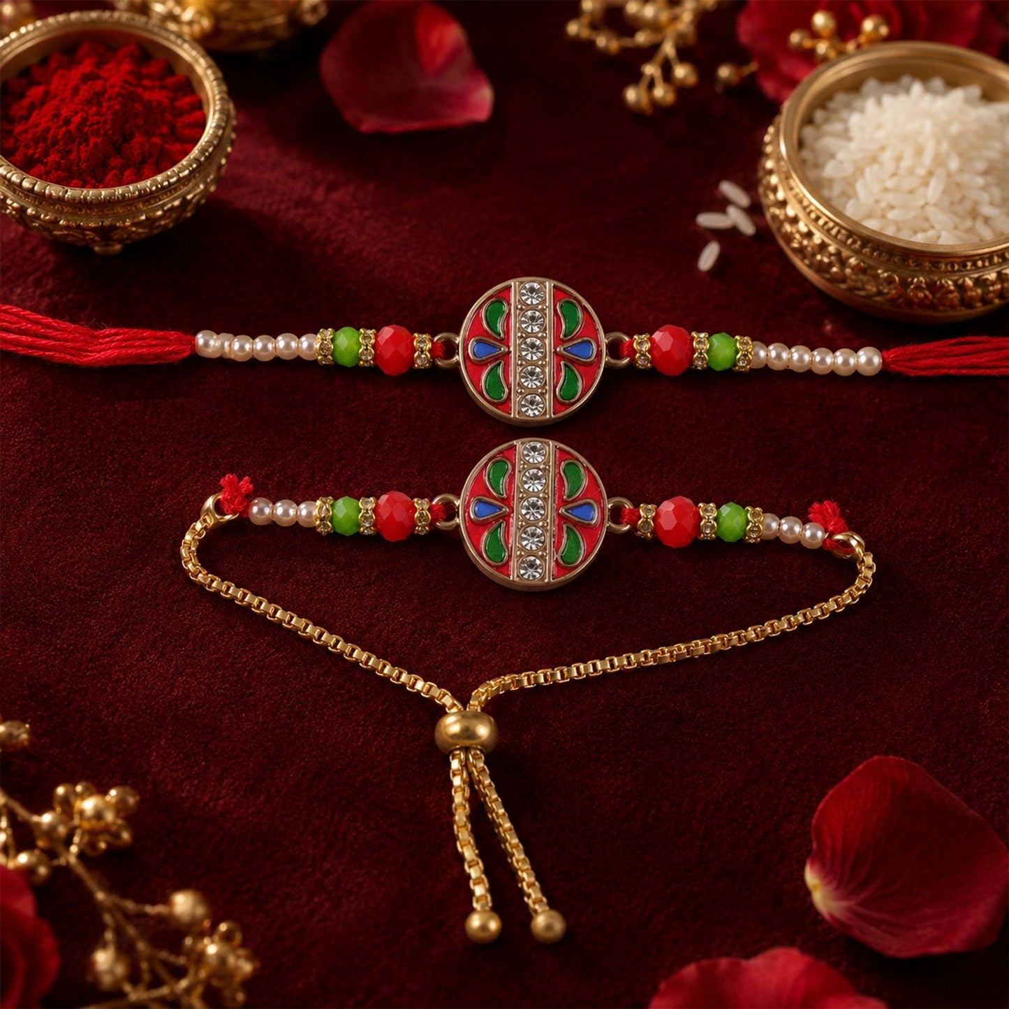 Festive and luxurious Rakhi with meenakari design, ideal for Rakshabandhan celebrations.