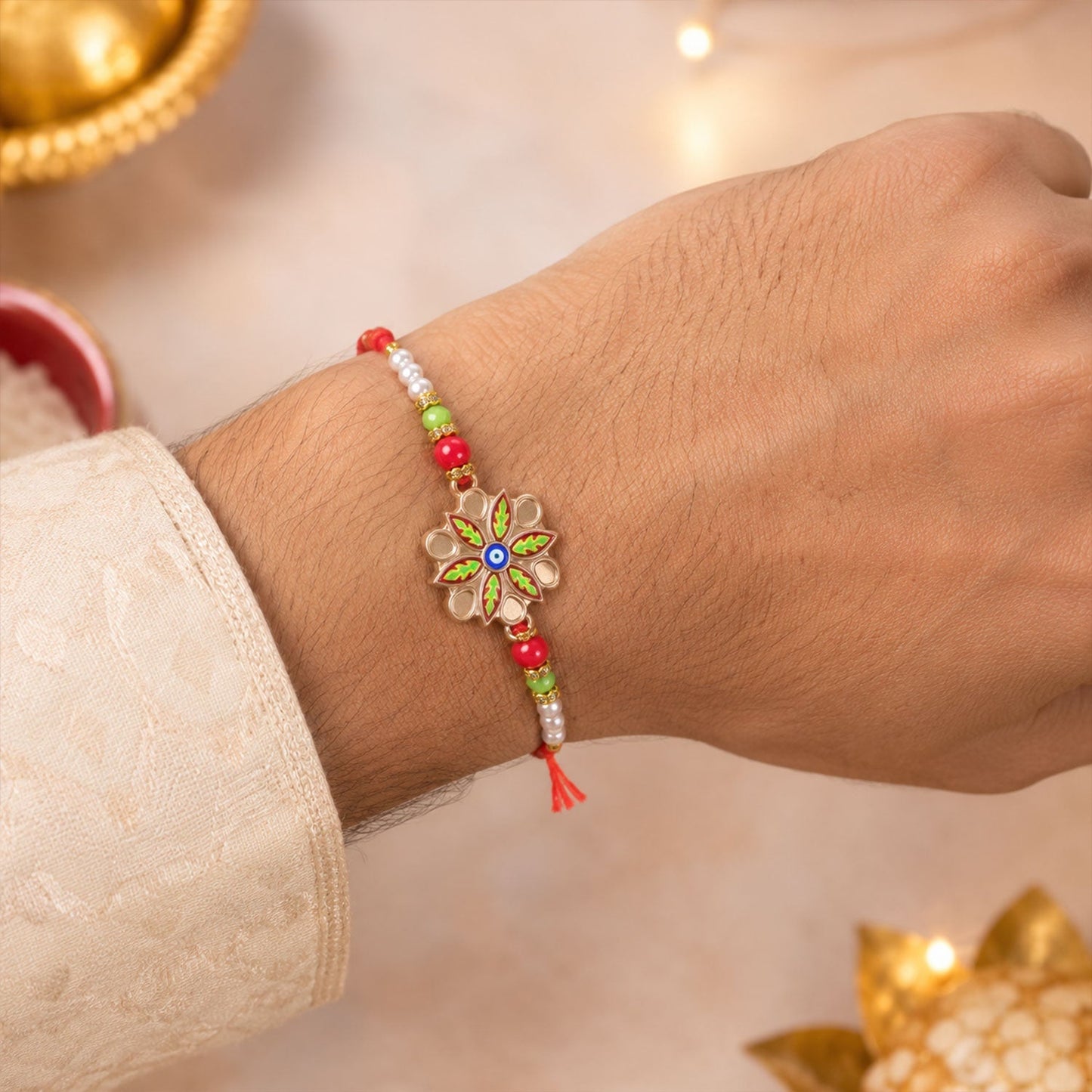 Beautiful meenakari crafted floral rakhi with vibrant beads, ideal for brother's gift
