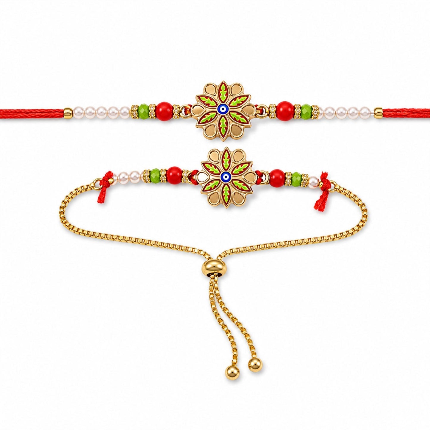 Close-up of meenakari floral evil eye rakhi with beads, perfect for brothers of all ages