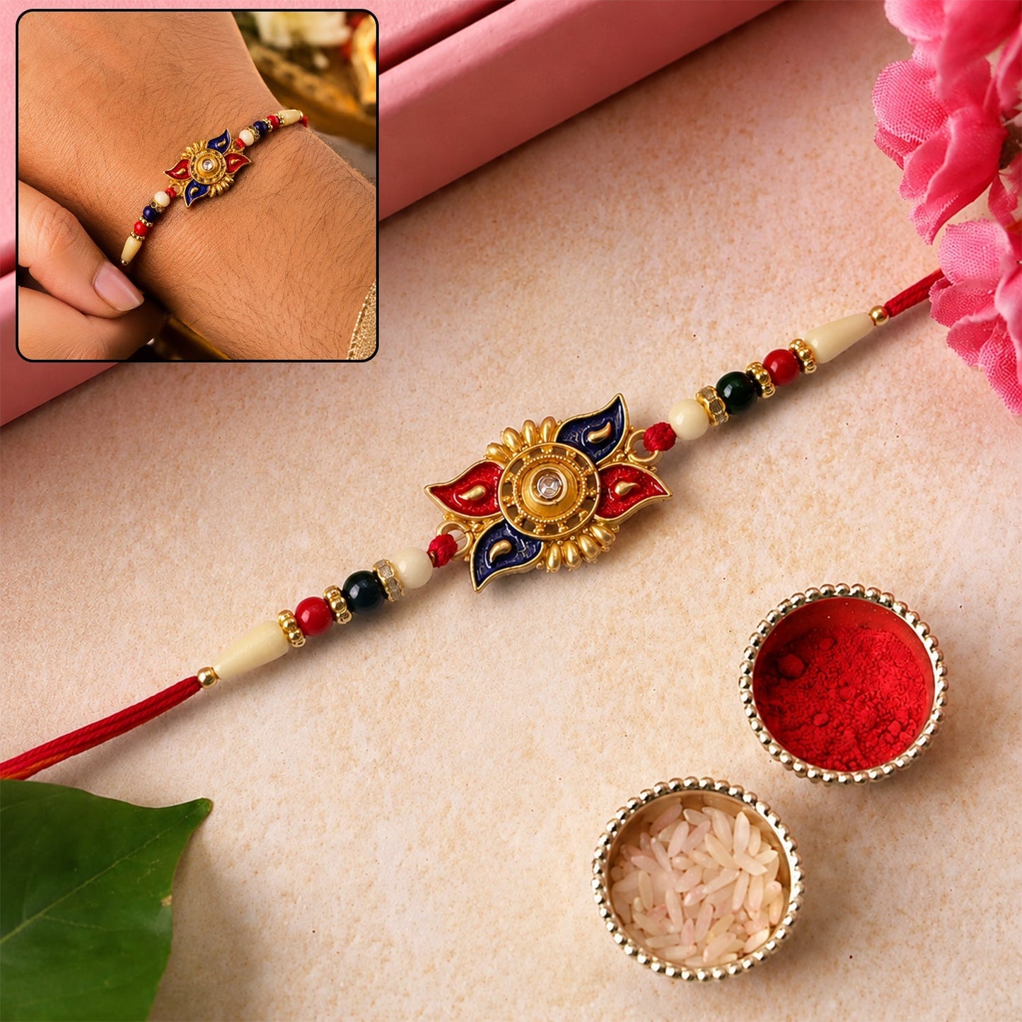 Traditional red blue floral kundan rakhi with pearl beads - main view
