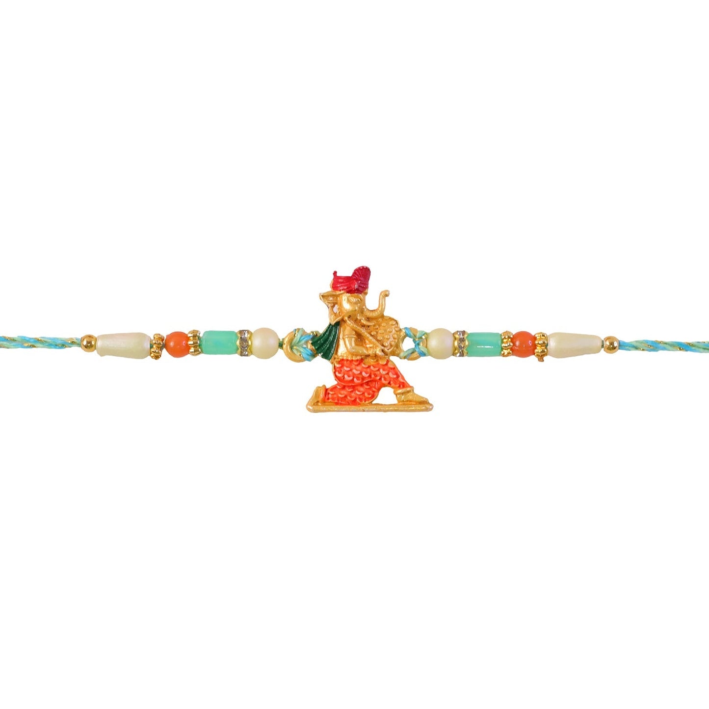 Top view of Ganesh Charm Rakhi with turquoise beads and design