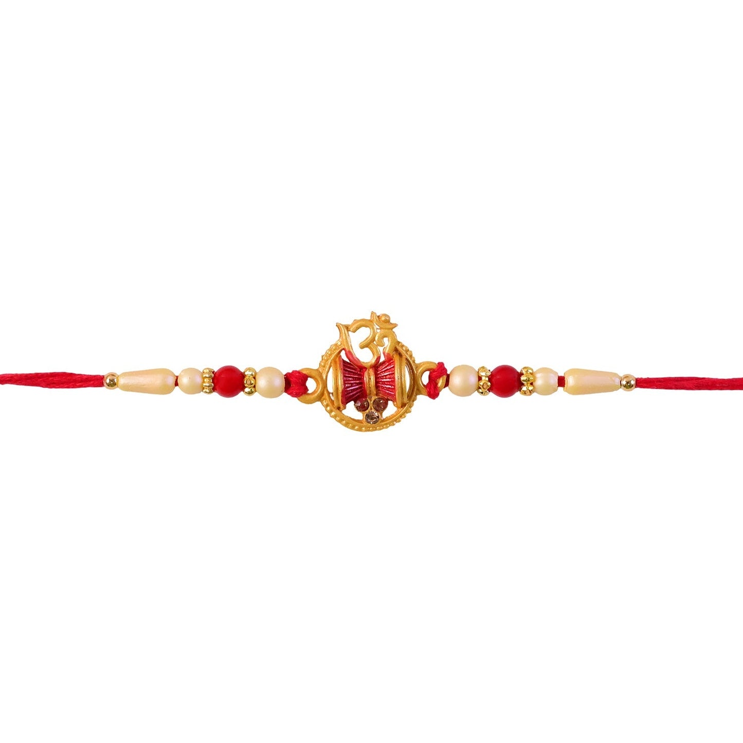 Decorative pearl beads detail of Om Damaru Charm Rakhi.