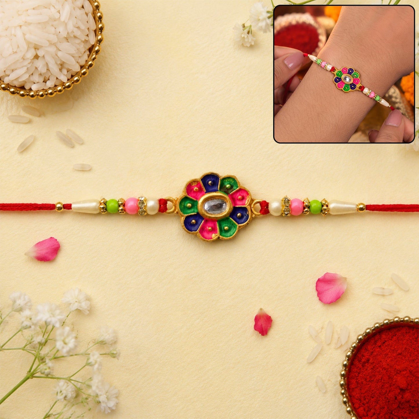Multicolor floral stone rakhi with pearl bead accents, front view