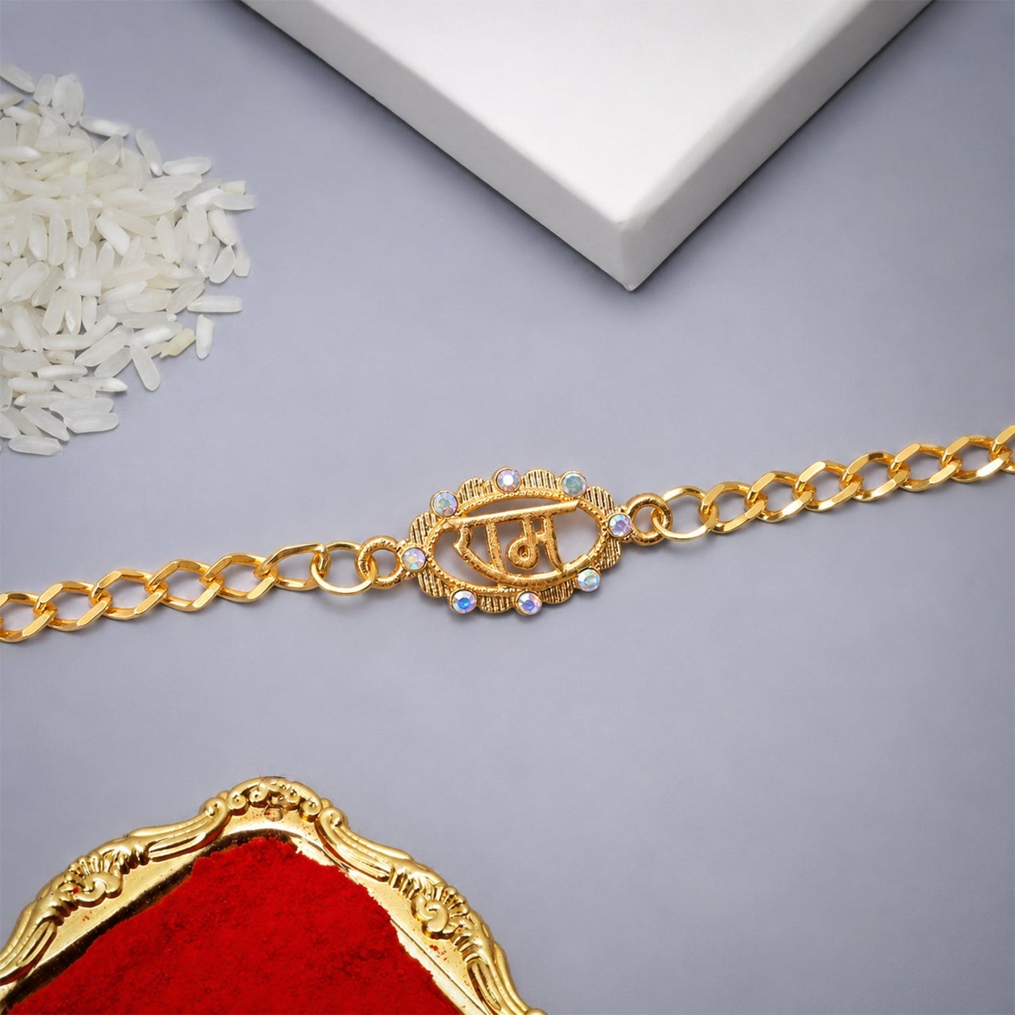 Side view of Ram Text Pearl Stone Rakhi bracelet showing beads and detailing