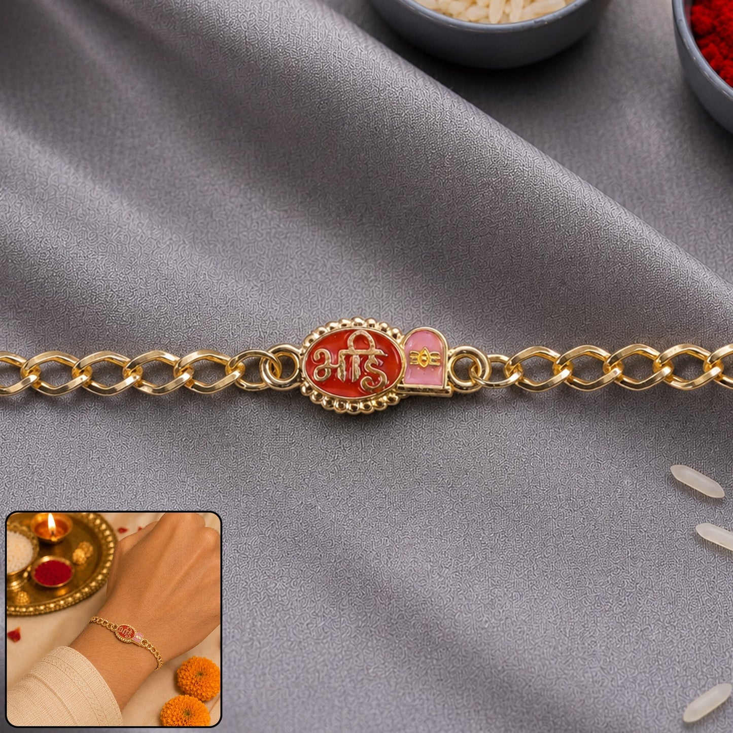 Main image of Bhai red enamel and gold tone Rakhi, festive design