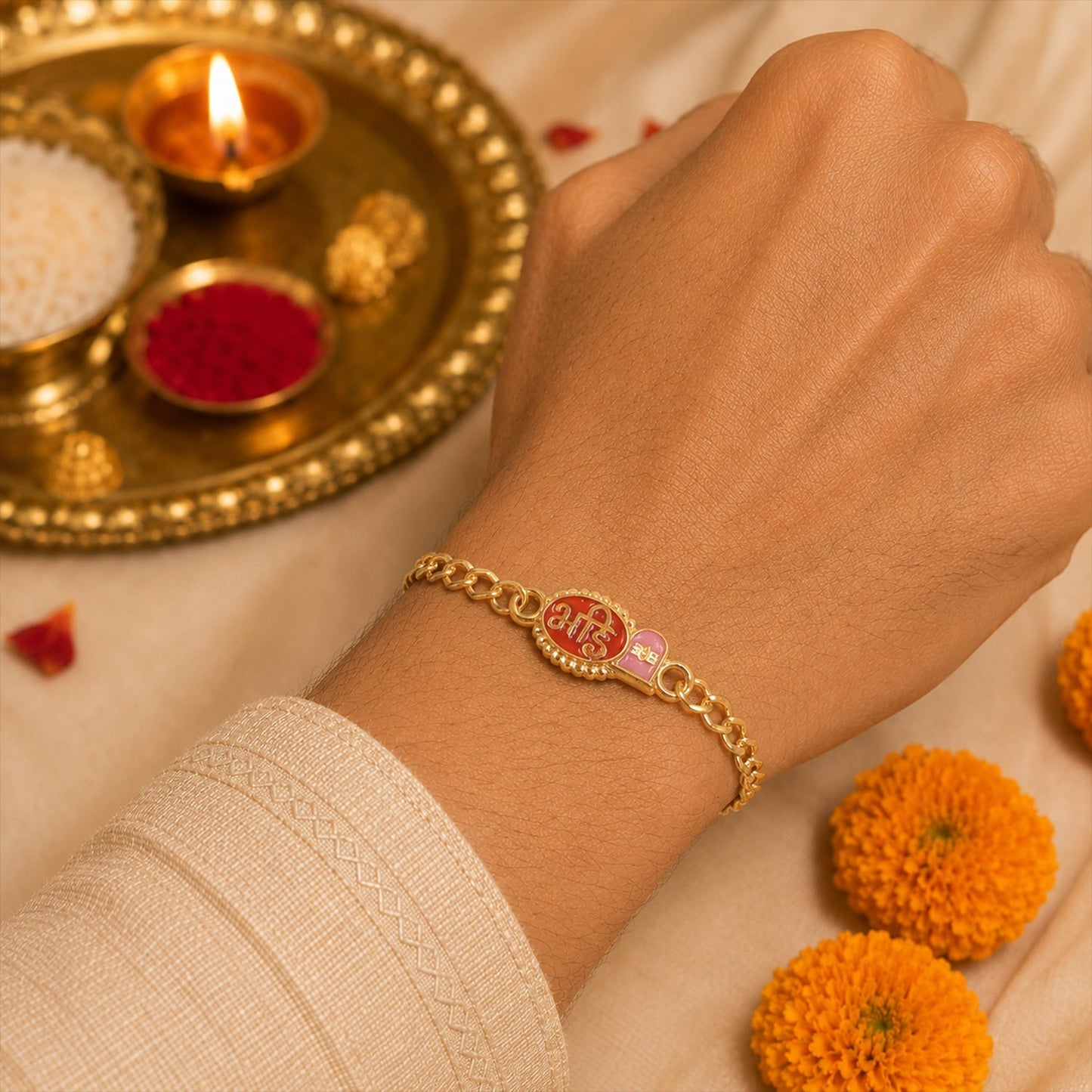 Close-up of Bhai rakhi with decorative beads and thread detail