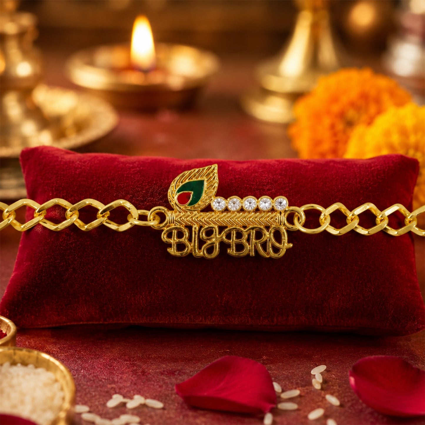 Elegant gold-tone Rakhi with stone embellishments for Brother