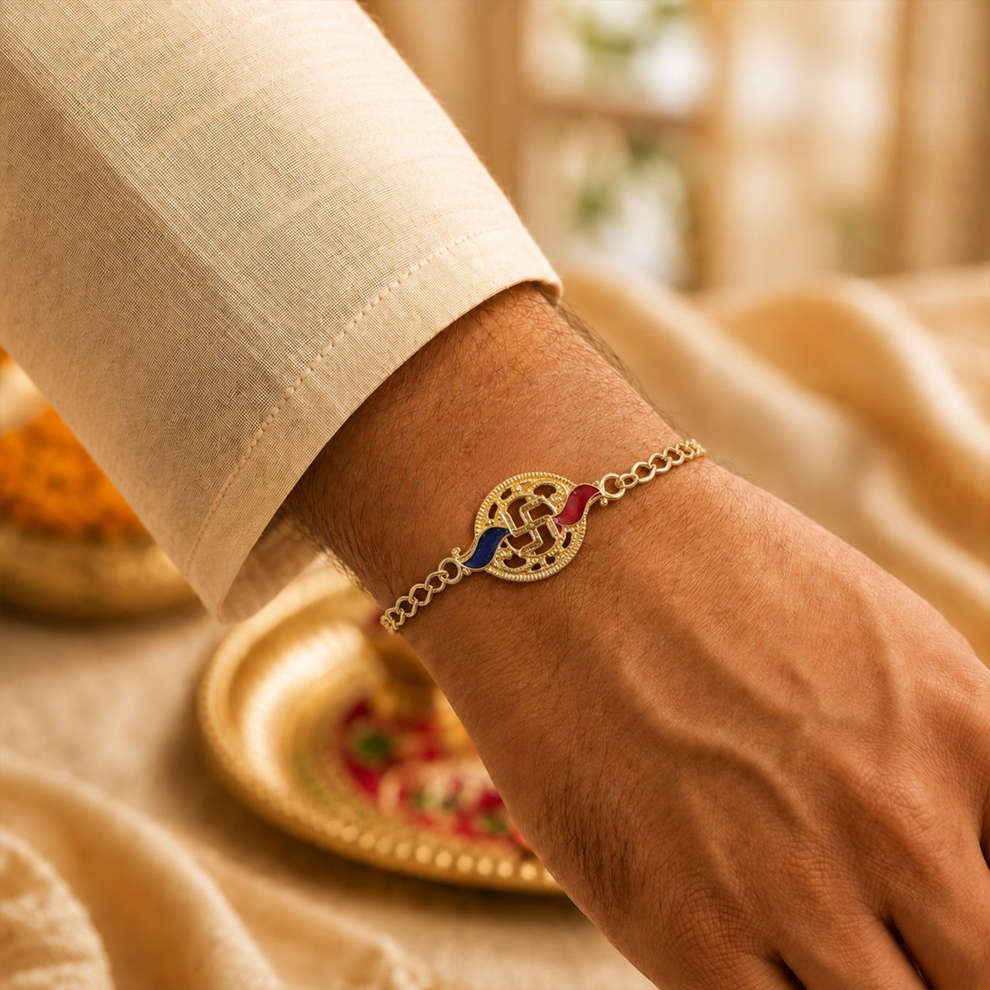 Side view of Swastik enamel gold-tone rakhi