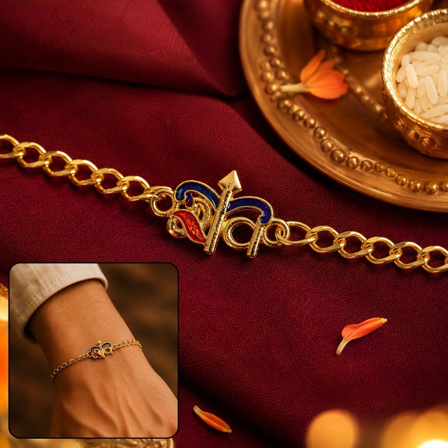 Designer gold tone enamel bracelet rakhi with beads for Raksha Bandhan
