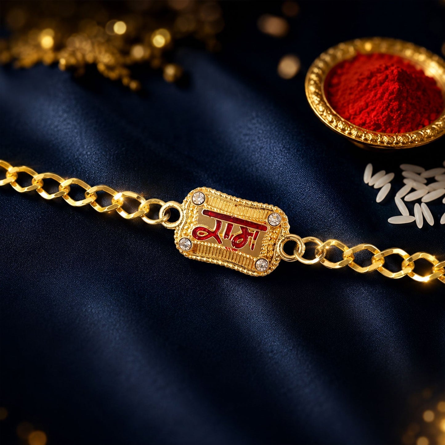 Wrist display of Ram Text Rakhi bracelet highlighting lightweight style