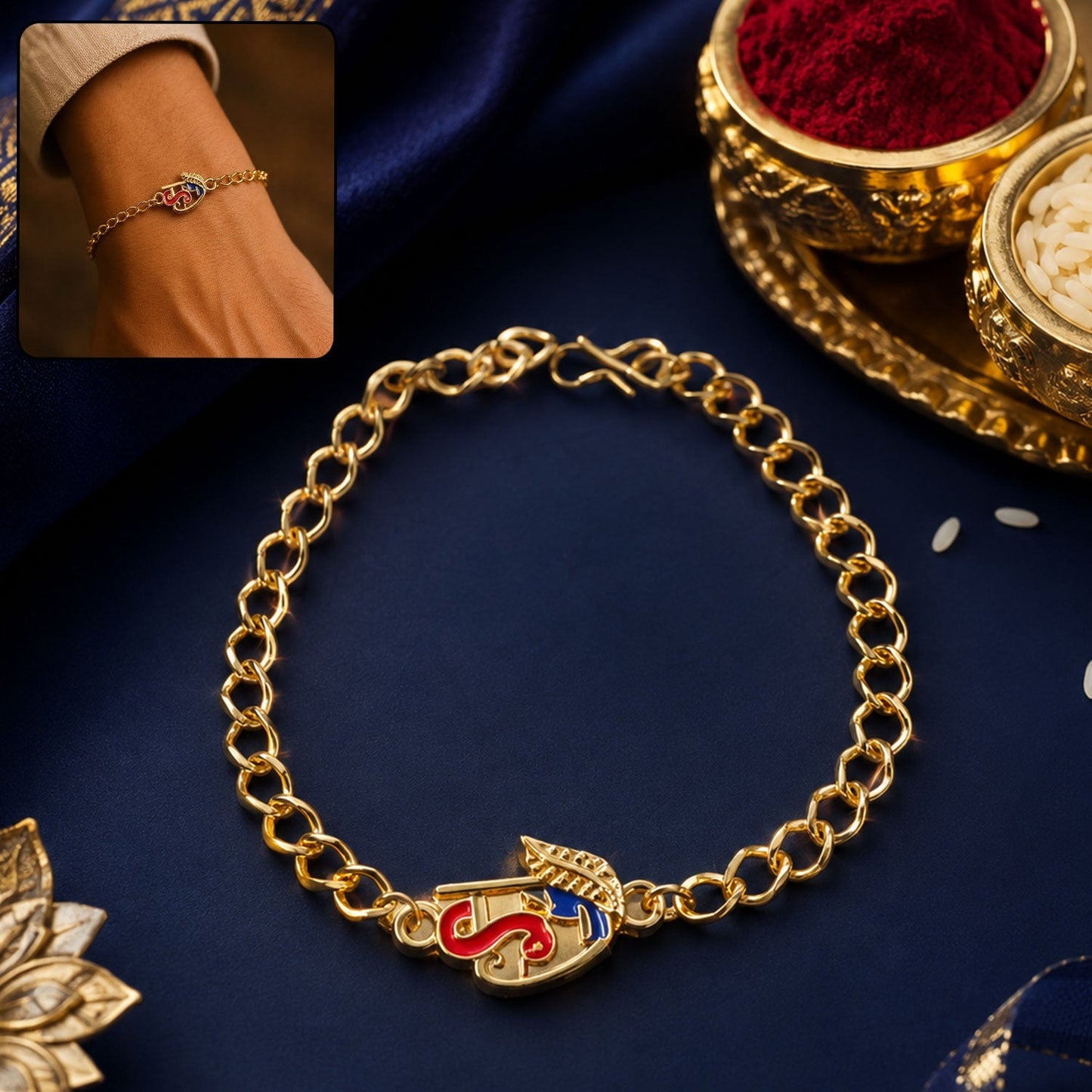 Close-up of red blue enamel bracelet rakhi with decorative beads
