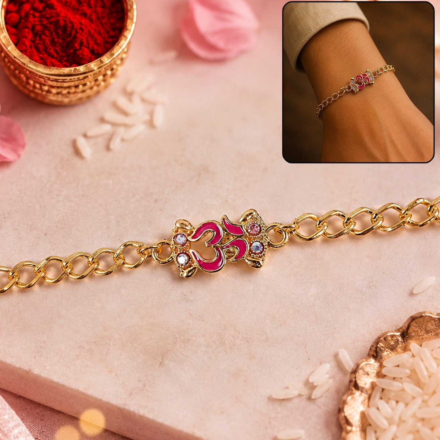Close-up of Om stone-studded gold tone Rakhi bracelet with decorative beads