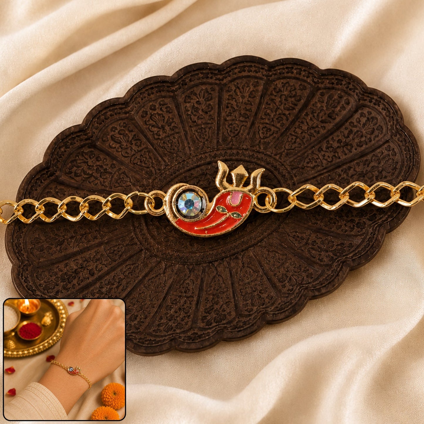 Ganesha Red Enamel Stone Gold Tone Rakhi Bracelet close-up