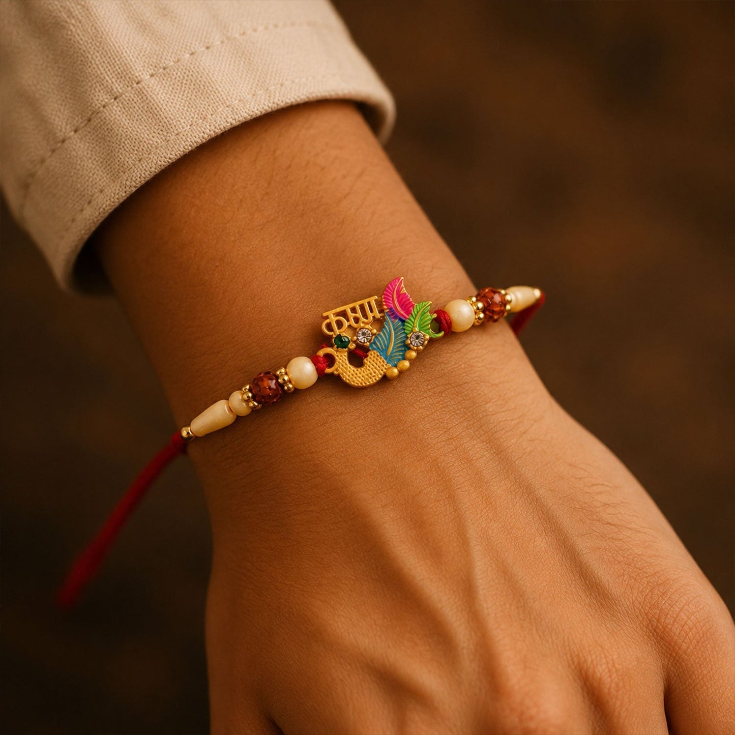 Stylish Lord Ganesha Rakhi with vibrant colors and gold-tone finish for Rakshabandhan