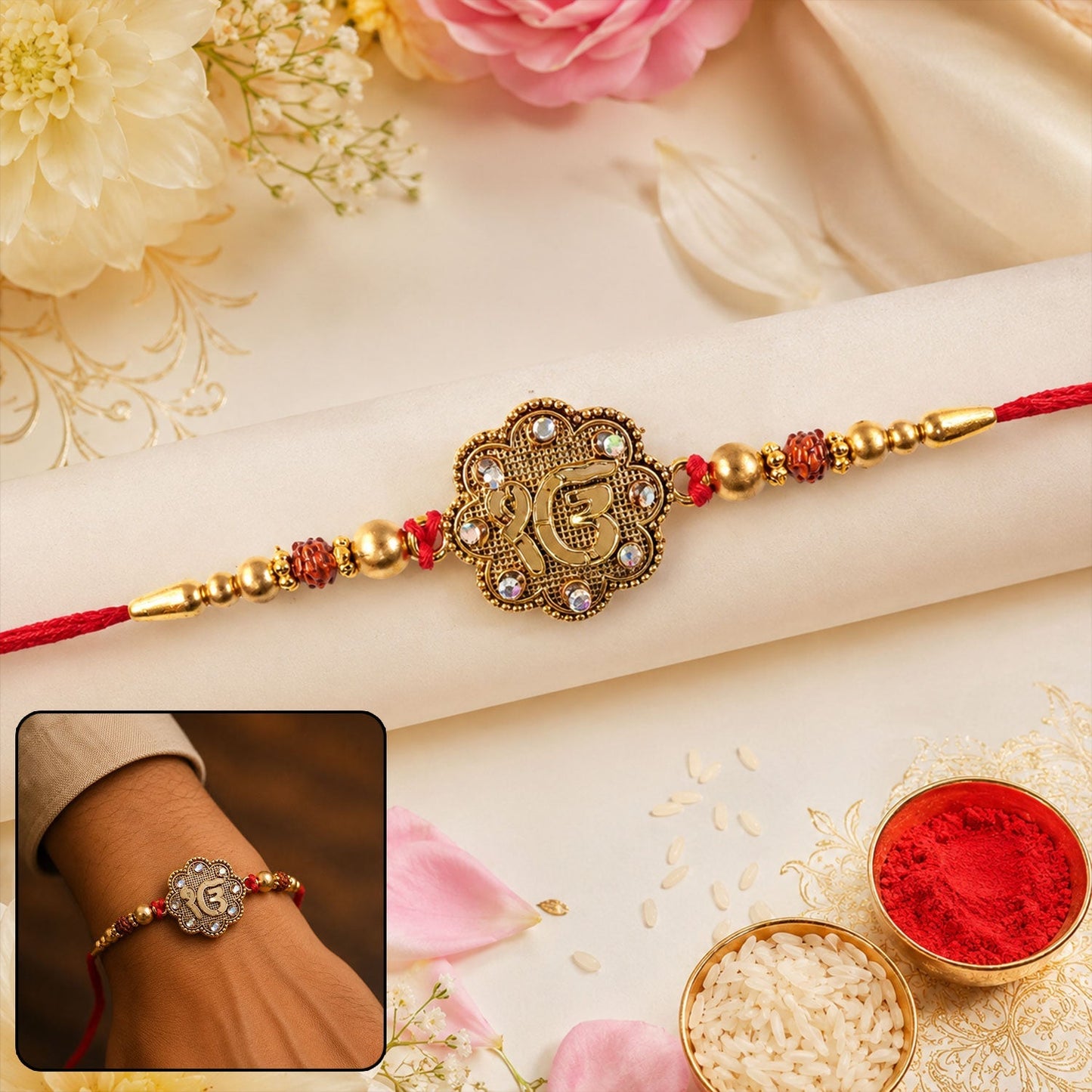 Elegant designer Rakhi with stones on a golden thread