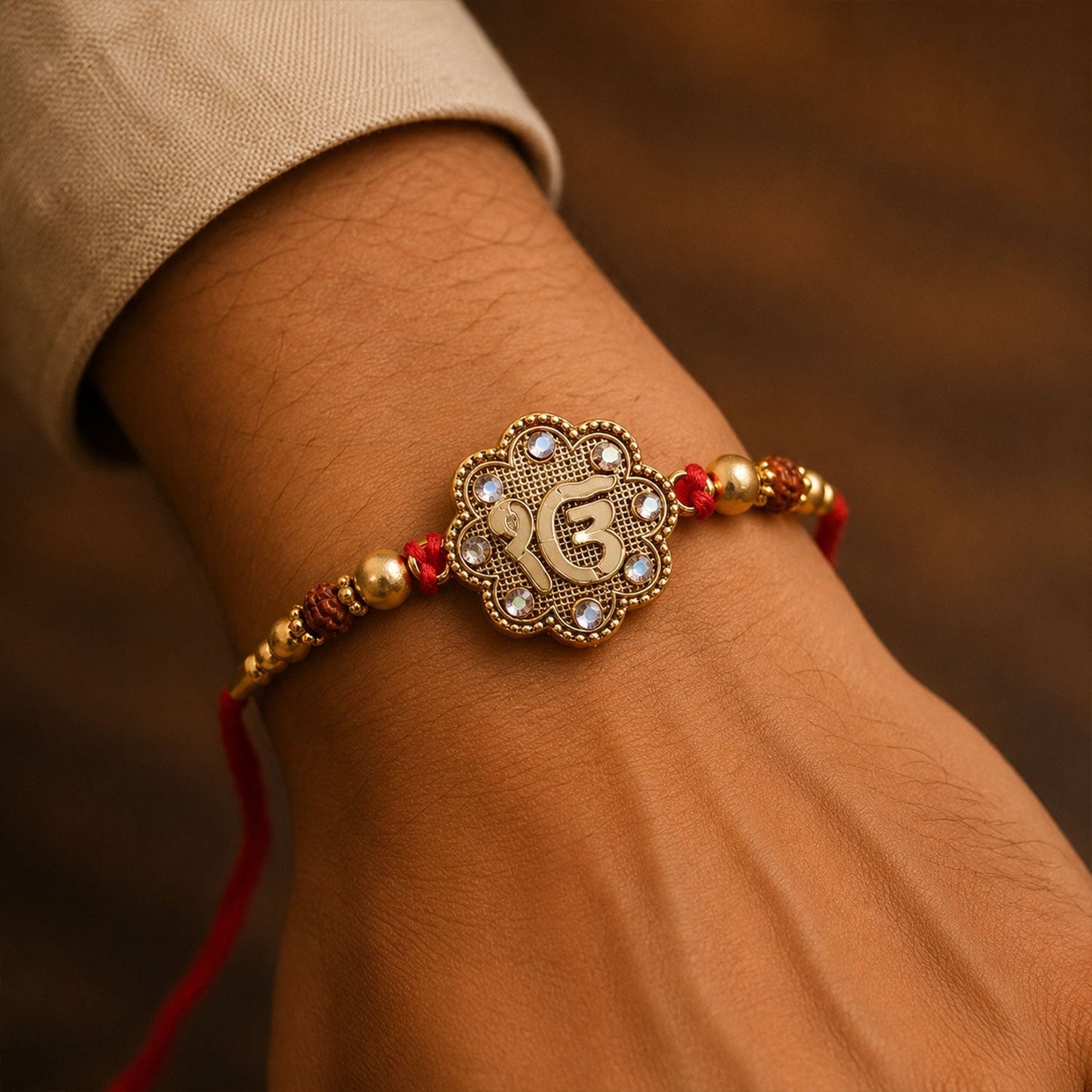 Stylish Rakhi featuring decorative stones and traditional design
