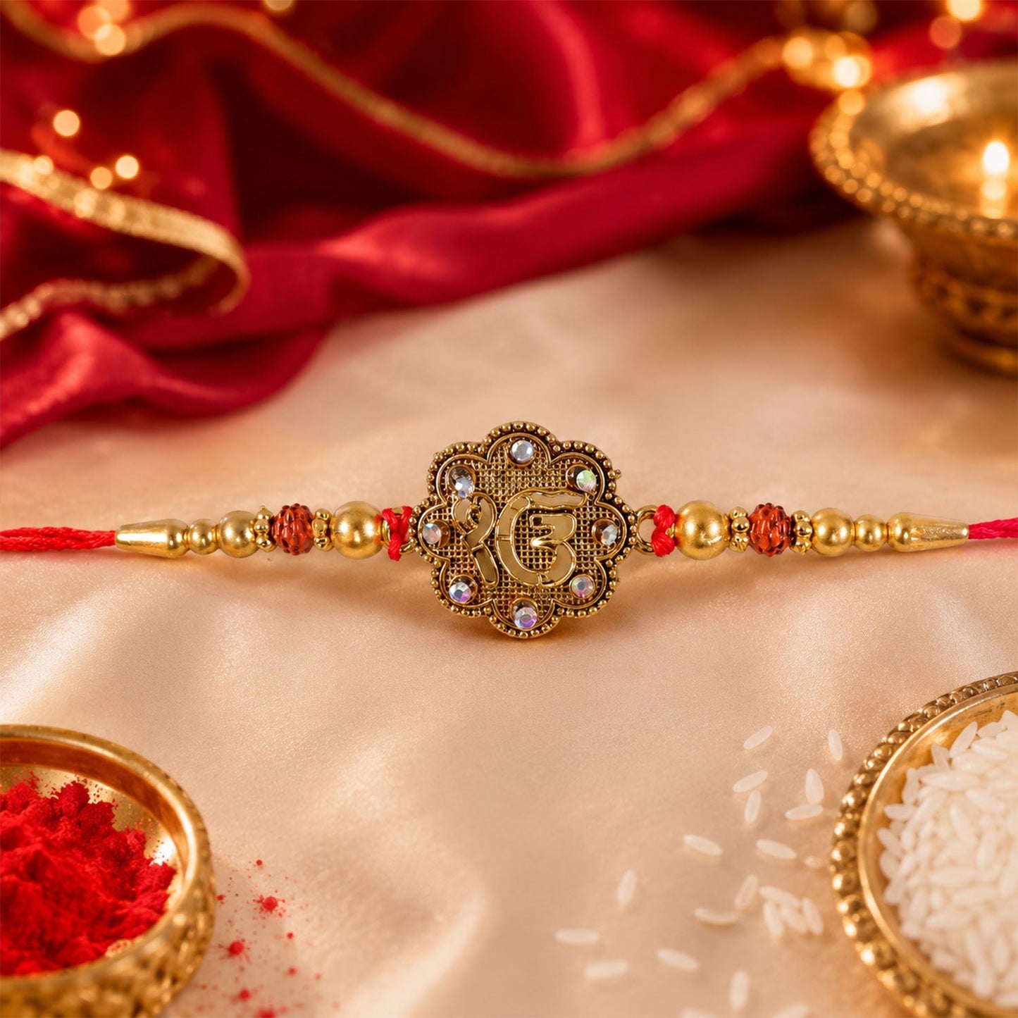 Stone studded Rakhi with gold-tone thread for Raksha Bandhan