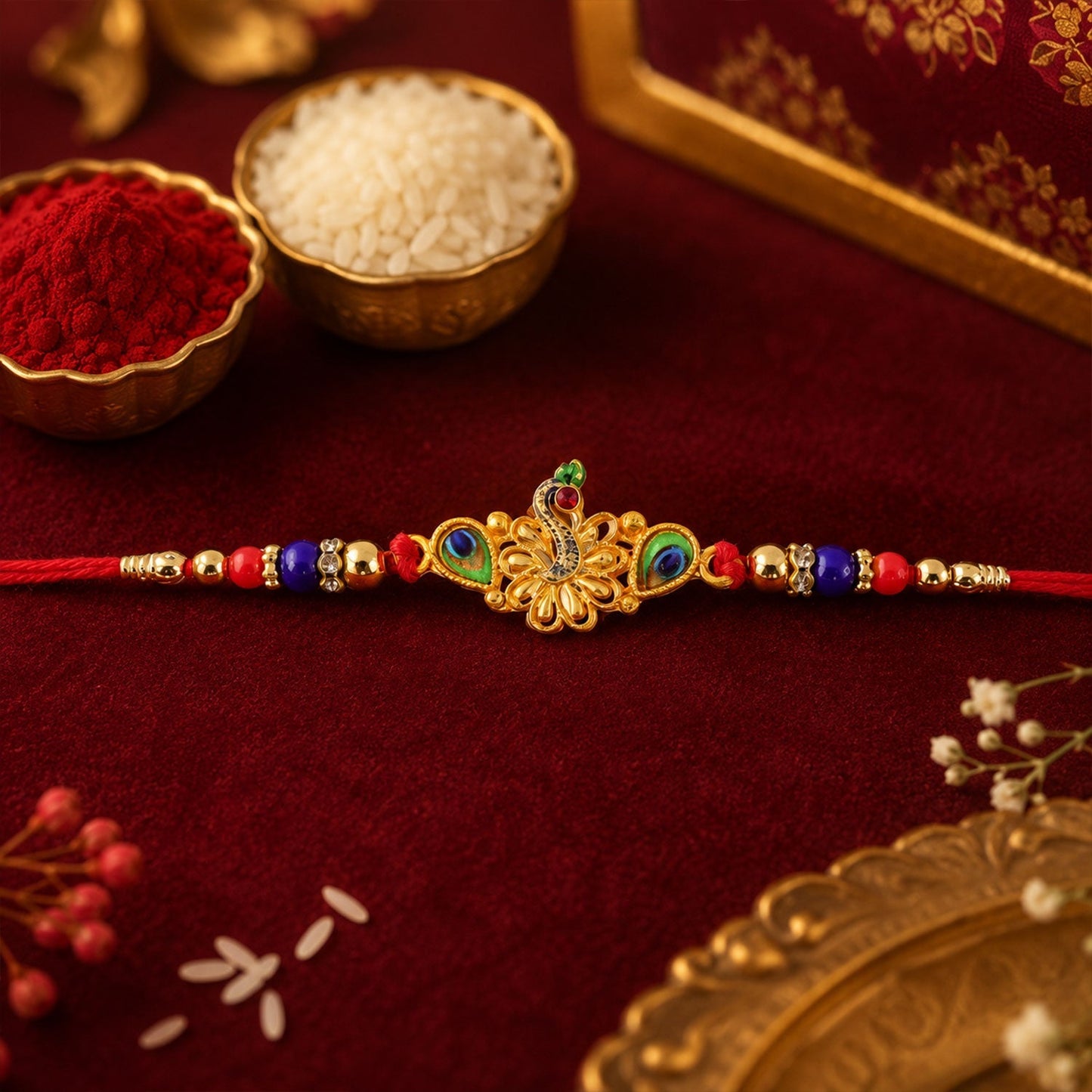Stylish Peacock Rakhi displayed on a festive background.