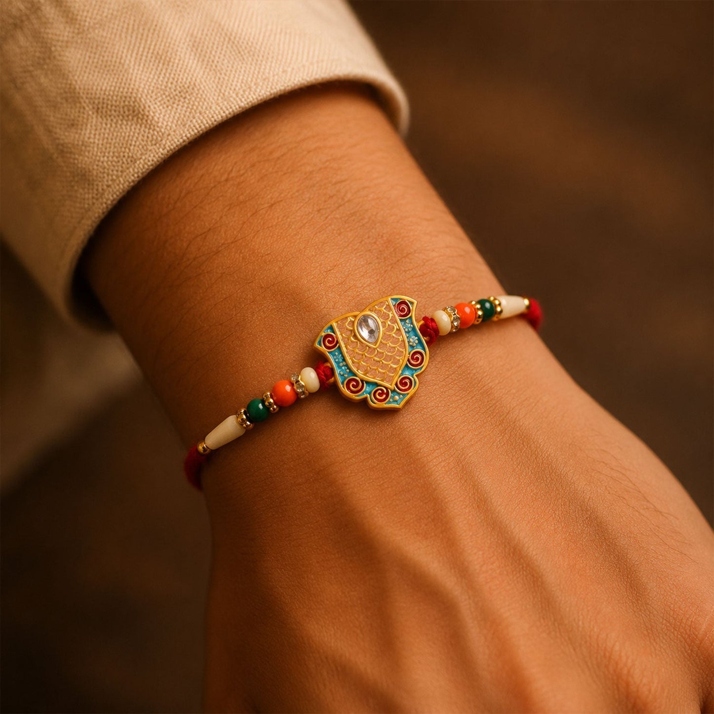 Close-up of intricate enamel work on gold-tone Rakhi