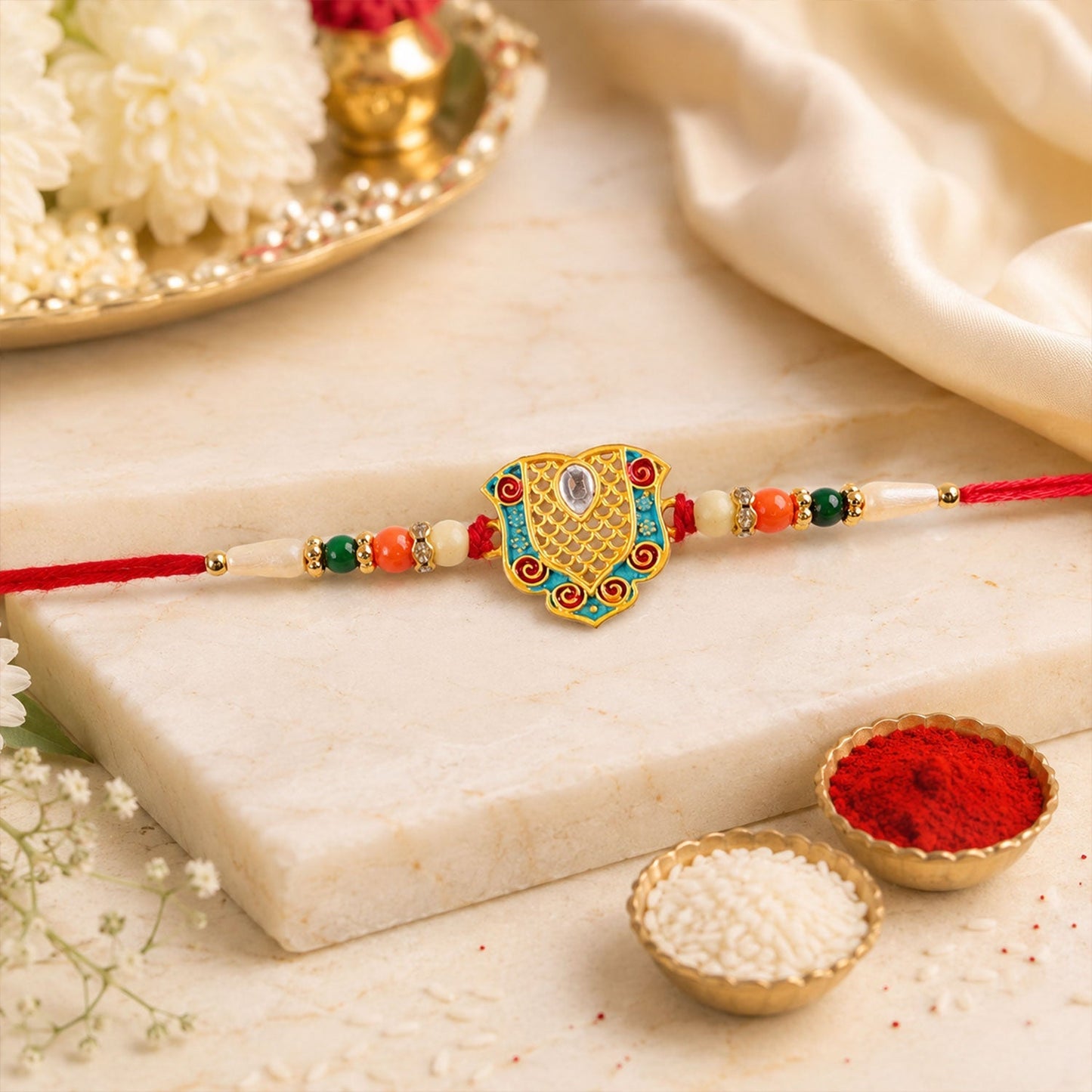 Designer gold-tone Rakhi with red thread detail