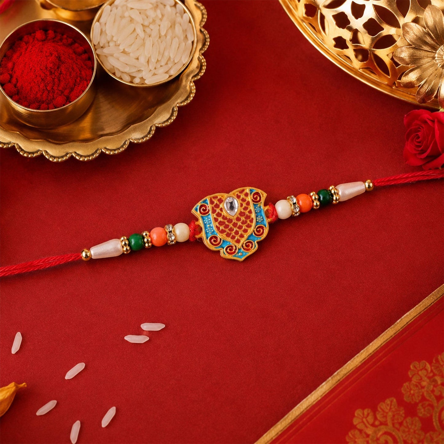 Top view of premium gold-tone Rakhi for Raksha Bandhan