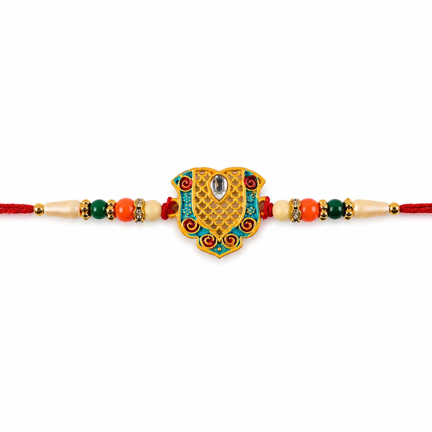 Side view of gold-tone Rakhi showcasing enamel details