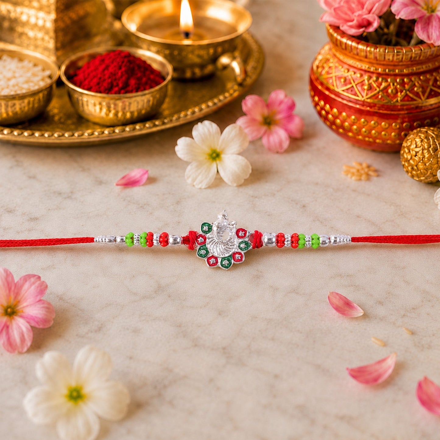 Festive Rakhi with sparkling stones on a plain background