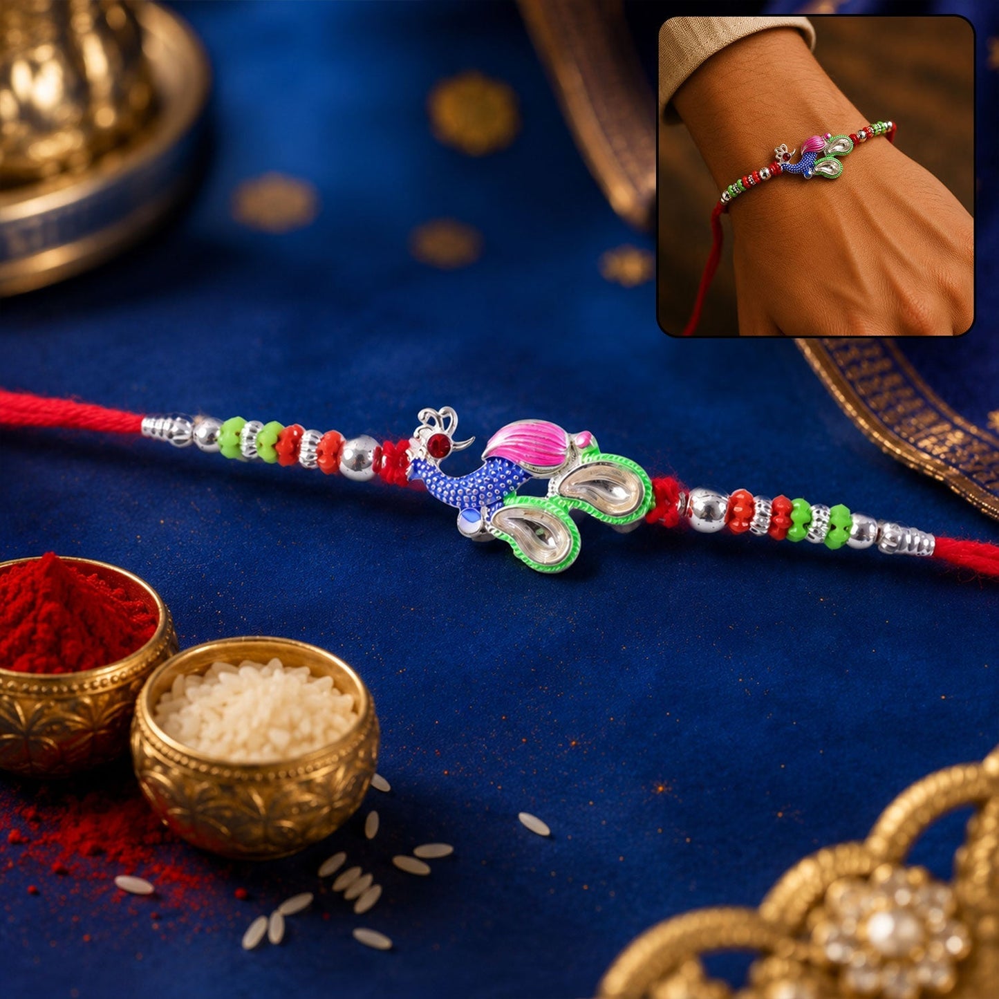 Colorful peacock Rakhi with multicolored stones for Rakshabandhan celebration