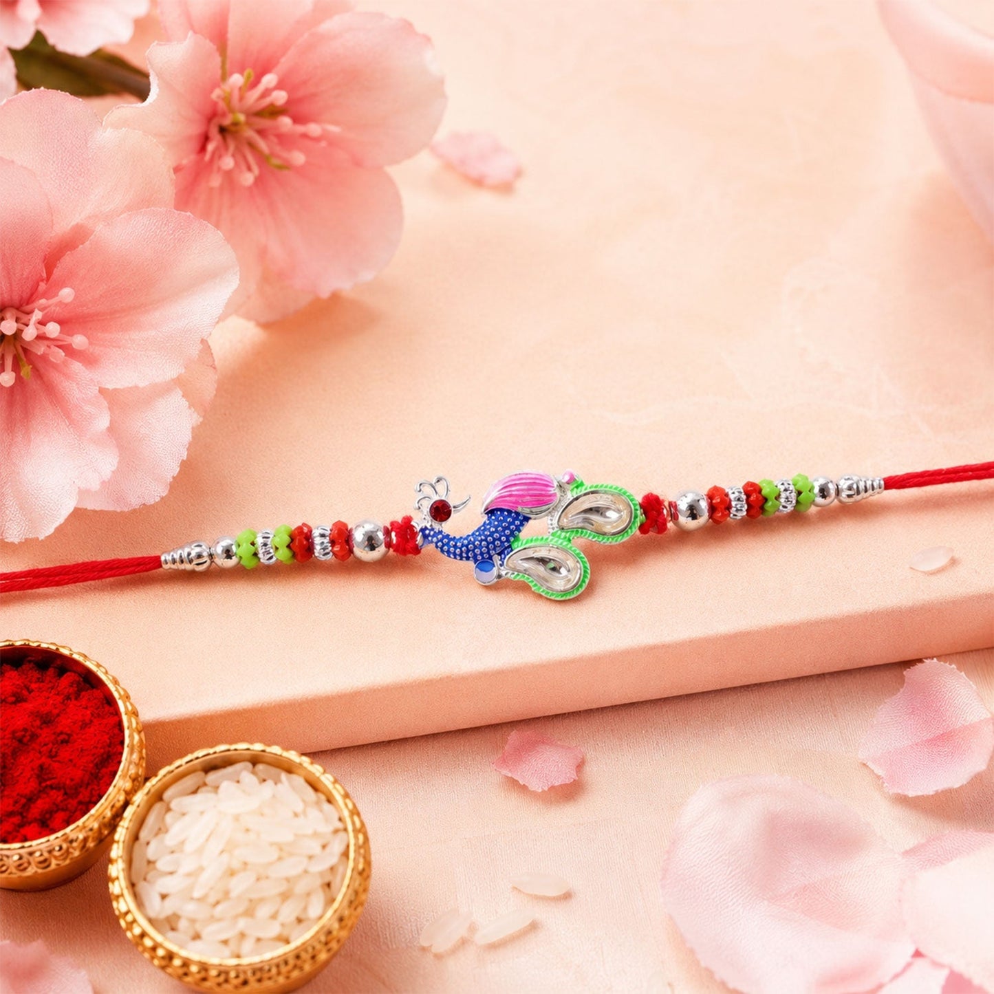 Elegant peacock Rakhi with traditional motifs in vibrant colors
