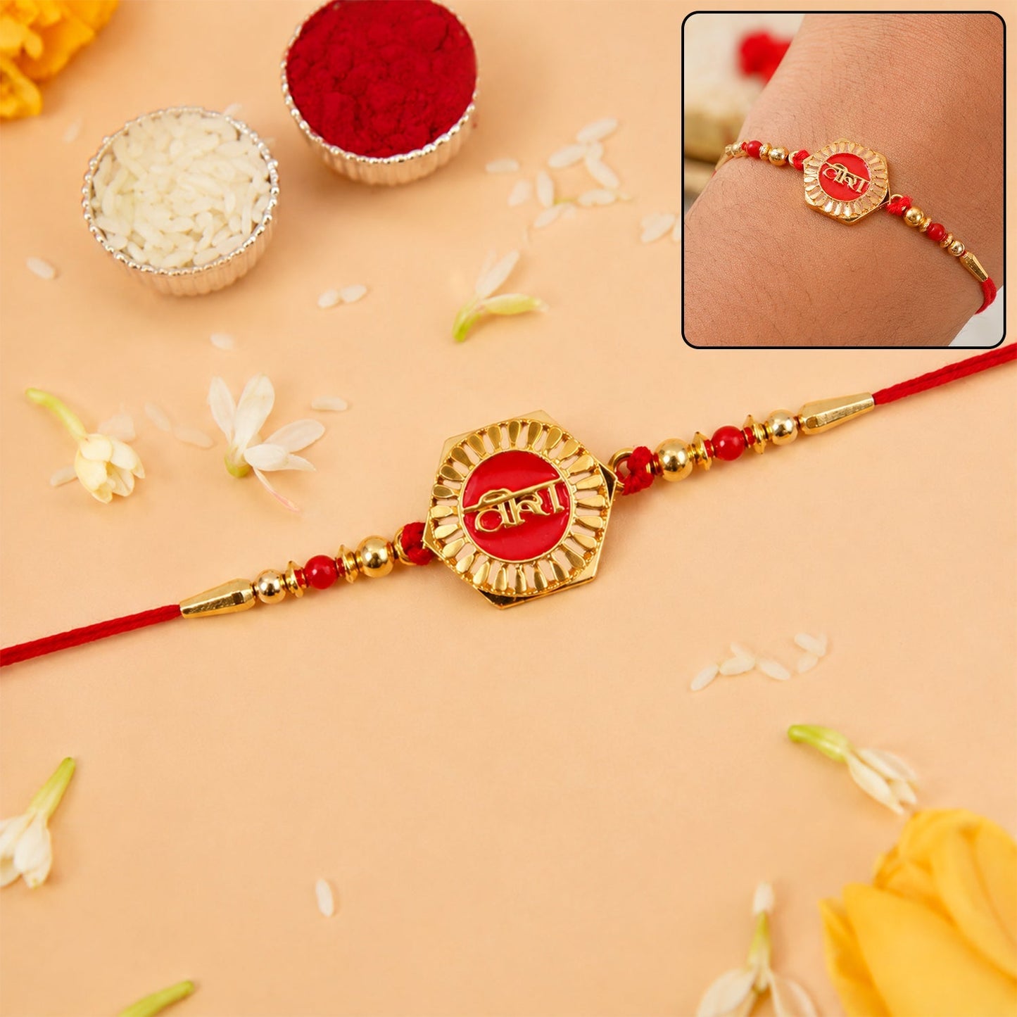 Veera Red Enamel Gold Tone Round Rakhi, front view showcasing vibrant design