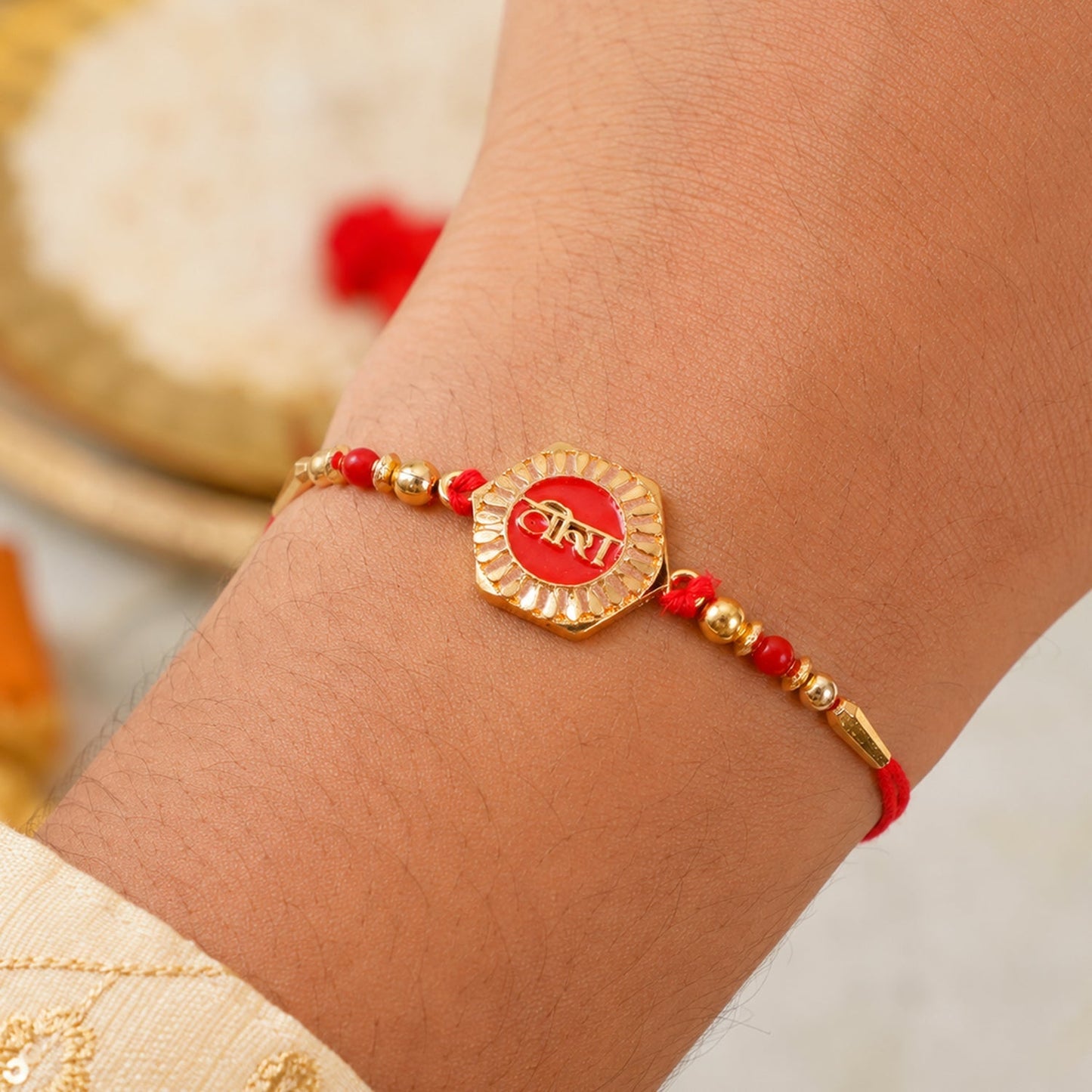 Rakhi tied on brother’s wrist highlighting comfort and style