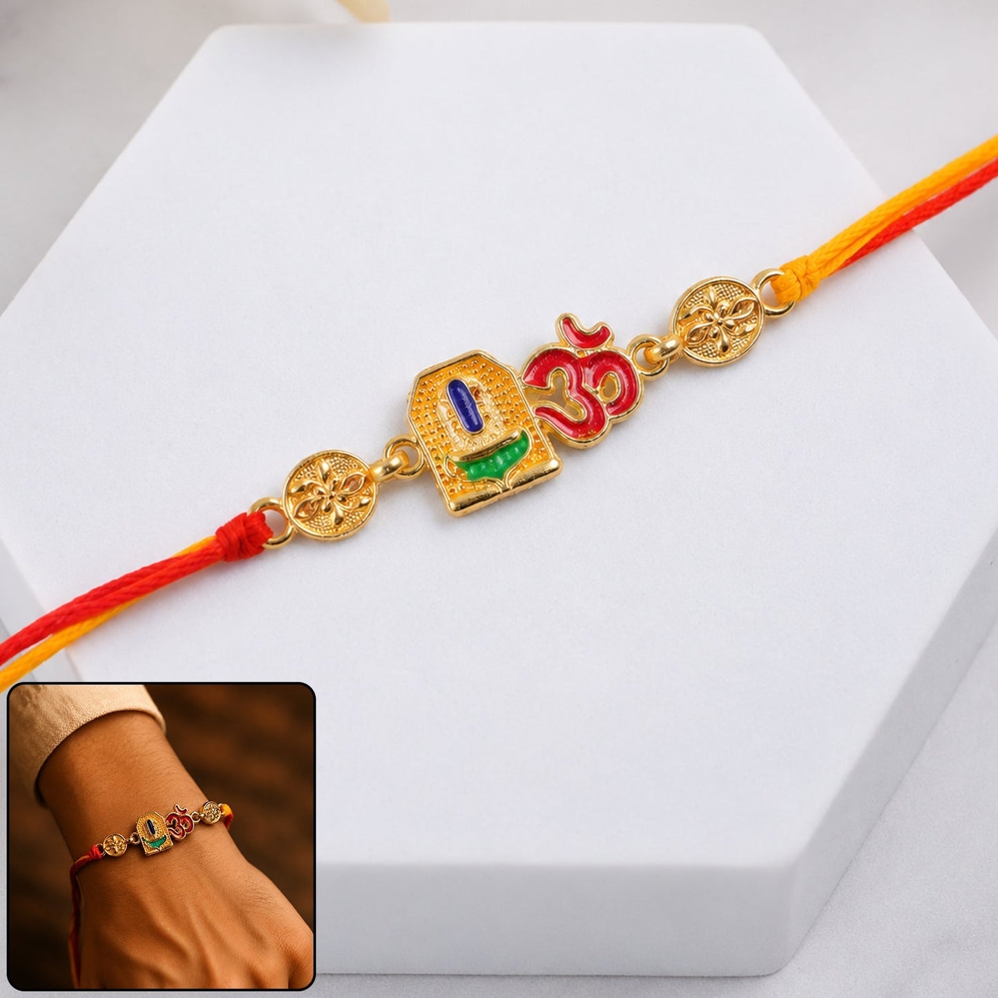 Om Blue Enamel Rakhi with Gold Tone Thread, traditional festive design