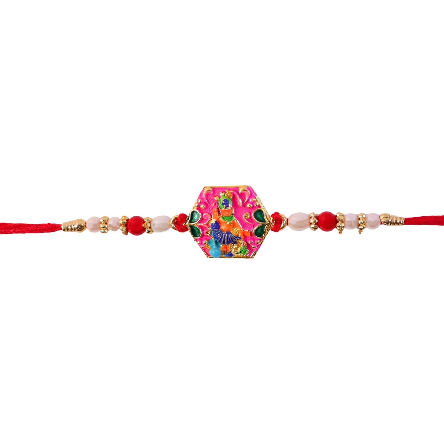 Hand holding vibrant multicolor enamel rakhi for Raksha Bandhan moment