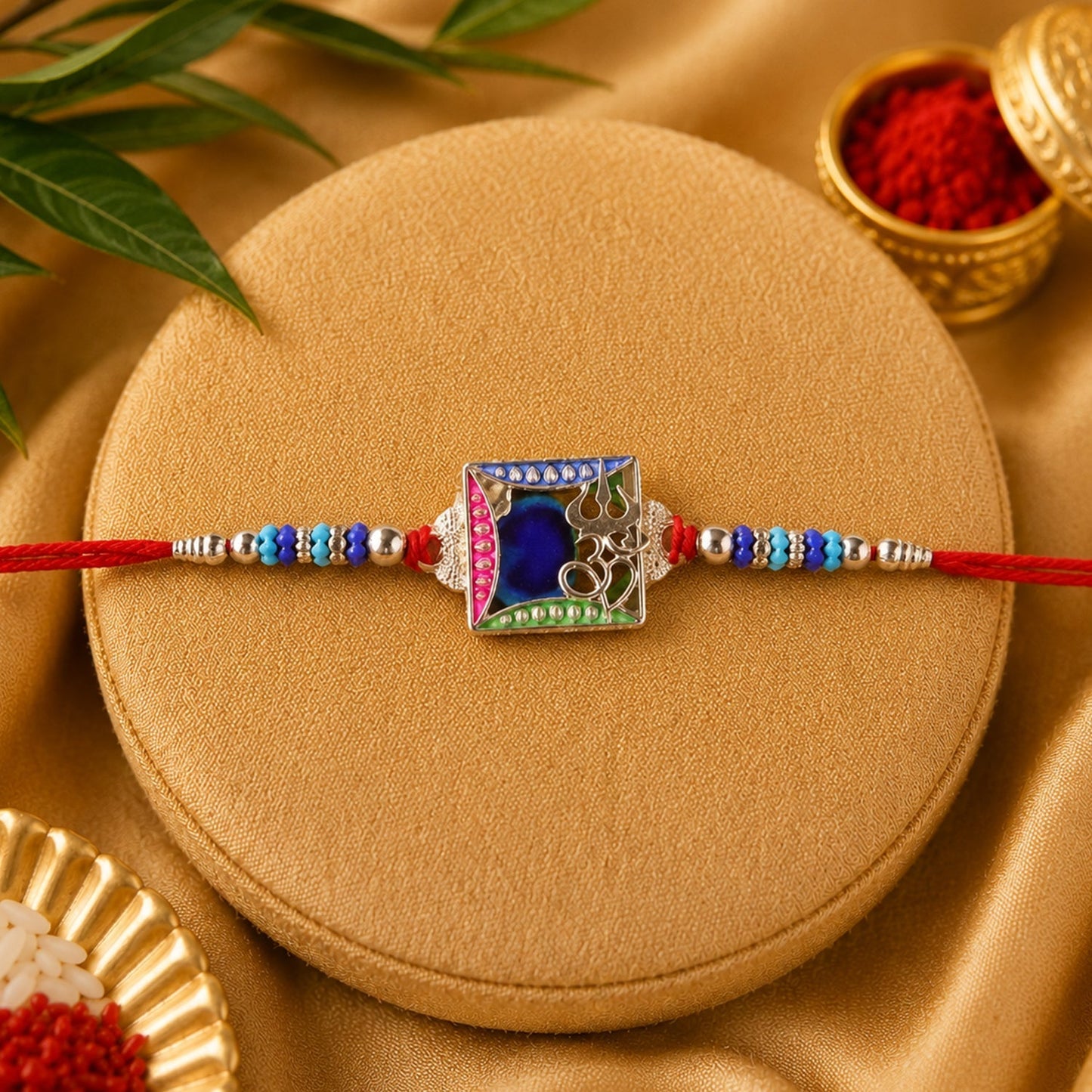 Close-up of multicolor stone-studded Rakhi for festival gifting