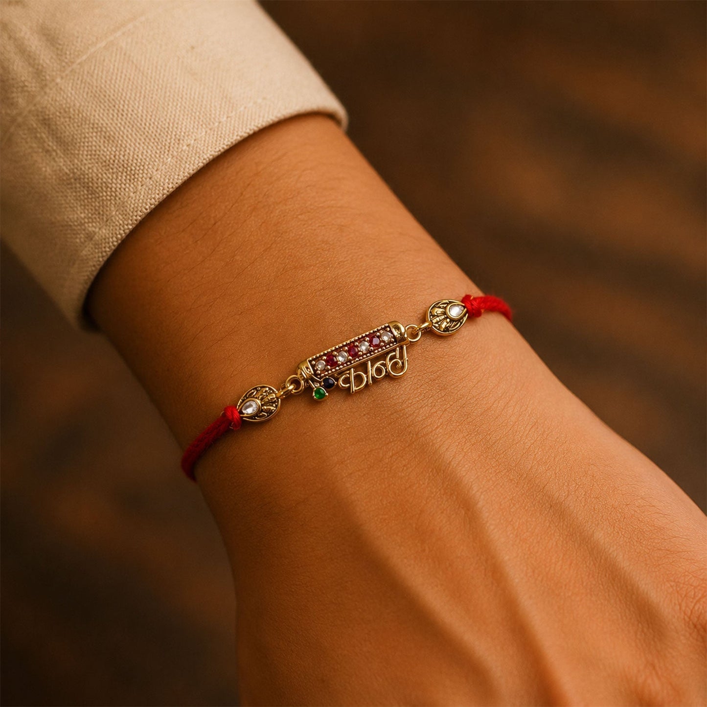 Kanha Black Enamel Gold Tone Rakhi on white background display
