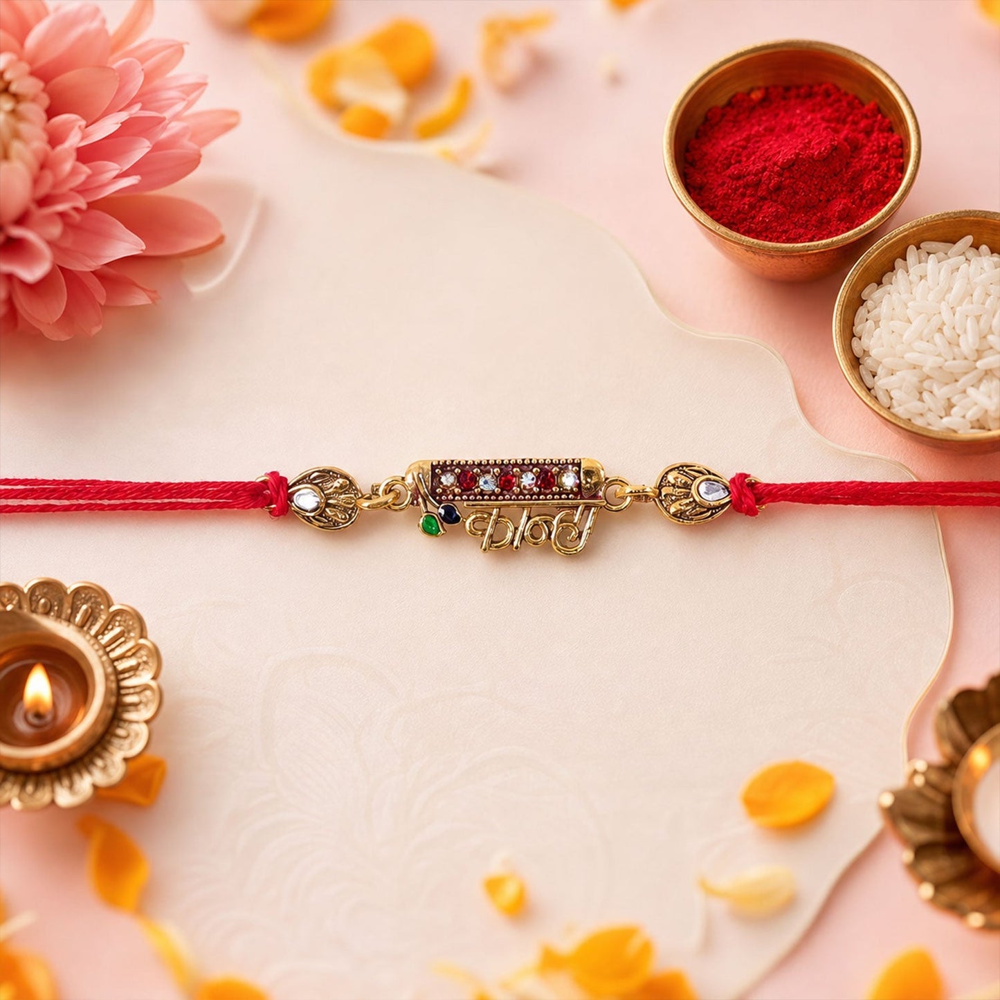 Side view of Kanha Black Enamel Rakhi highlighting craftsmanship