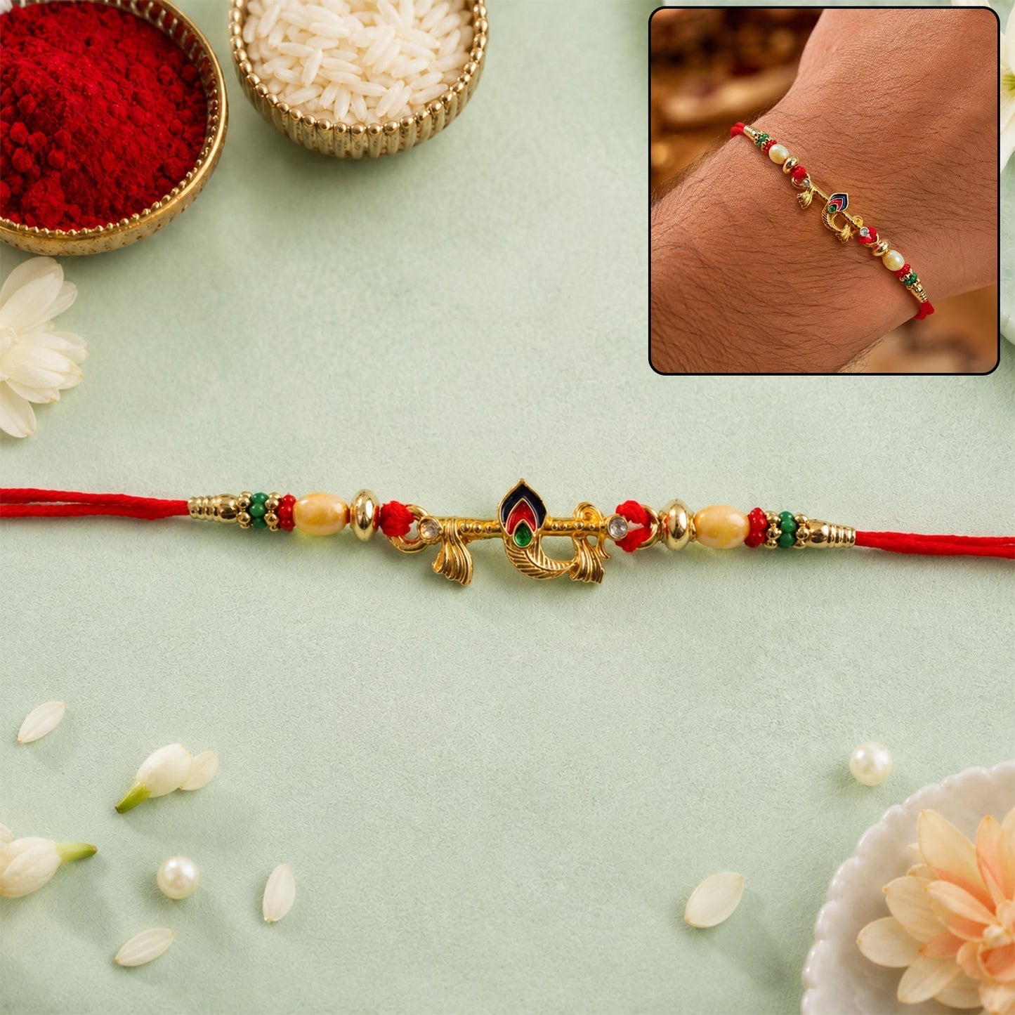 Peacock feather multicolor Rakhi with beads and gold tone finish