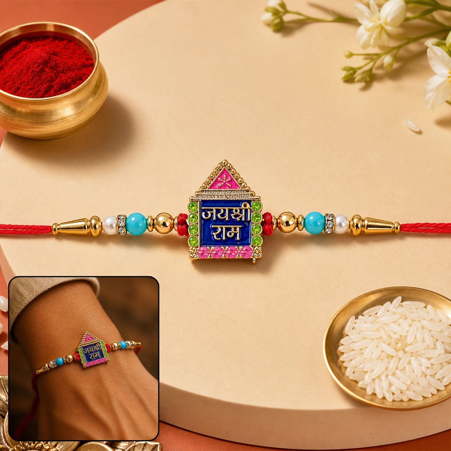 Vibrant multicolor Jai Shree Ram enamel rakhi with traditional design
