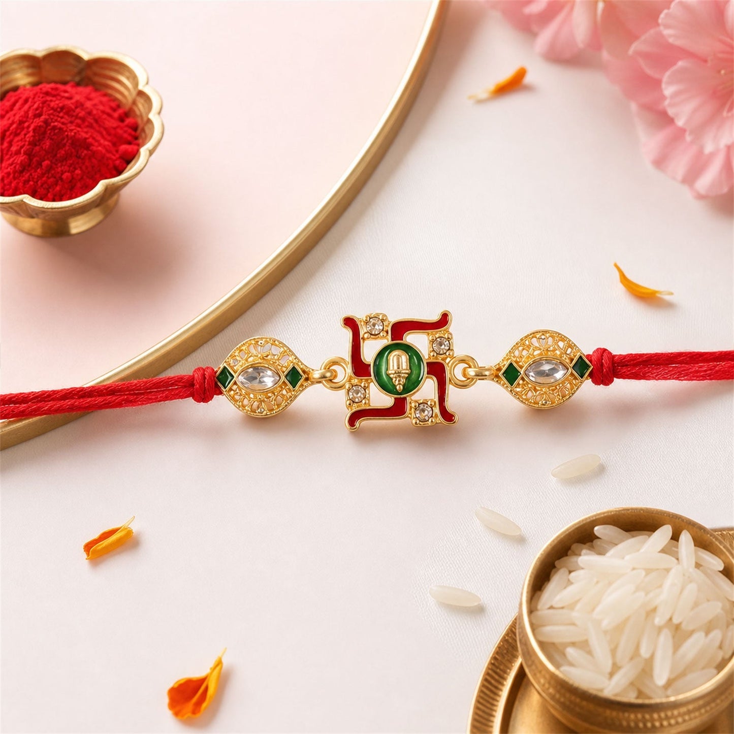 Handcrafted Swastik Rakhi with colorful enamel accents and durable thread for festival wear.
