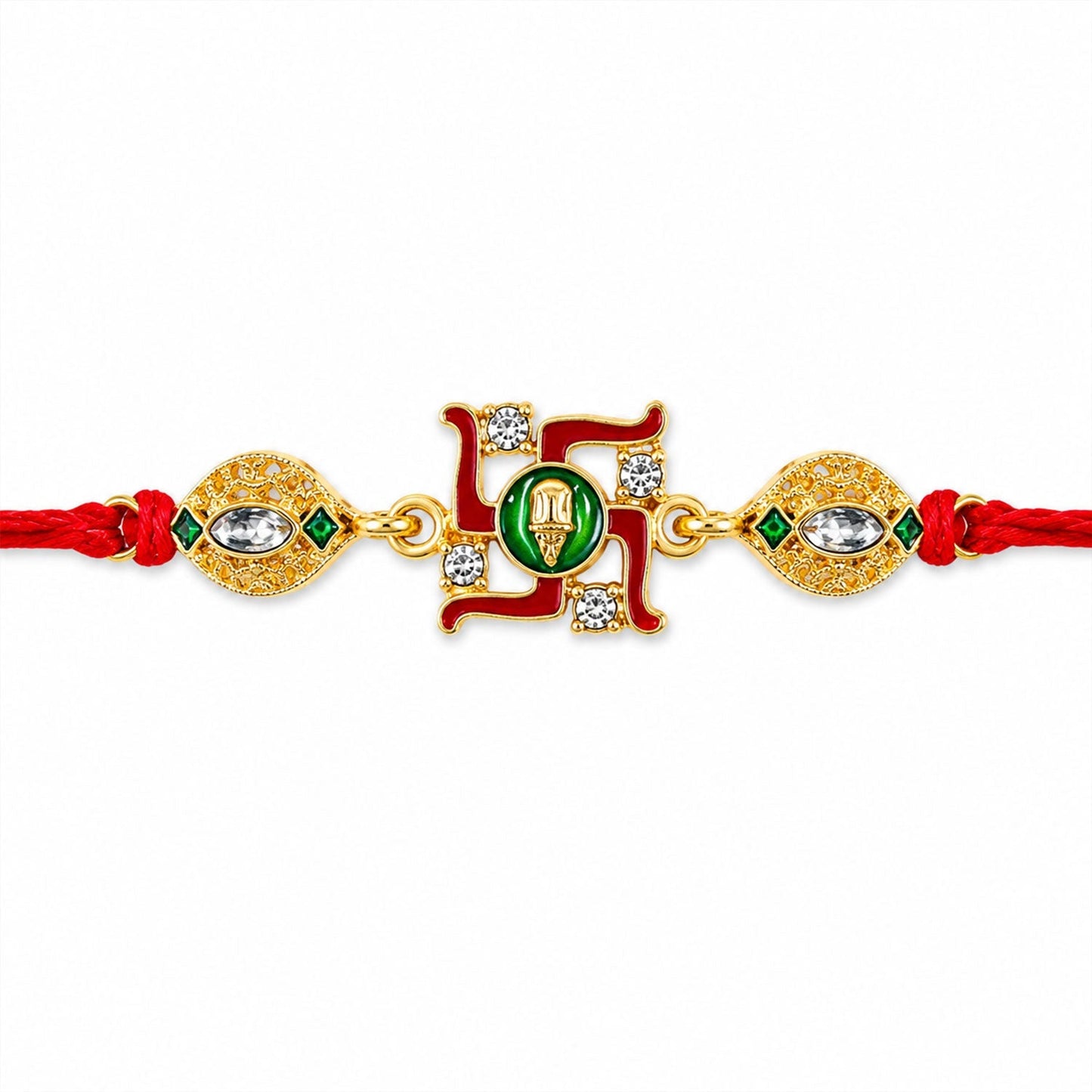 Beautifully designed Swastik Rakhi featuring gold-tone details and vibrant colors.