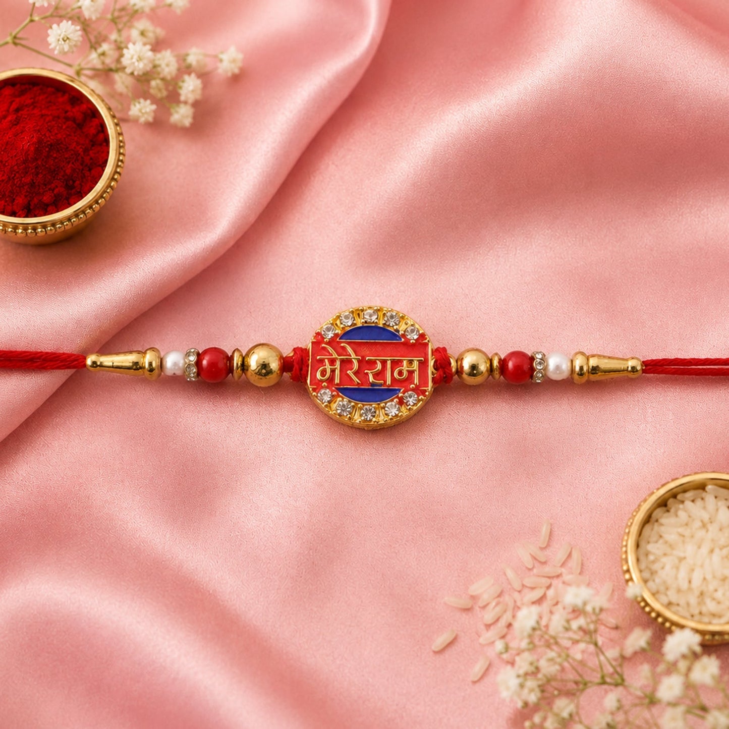 Different angle of gold tone Rakhi with stones