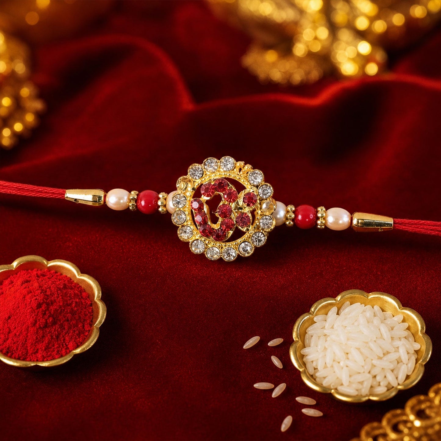Om stone studded Rakhi on white background, elegant festive look