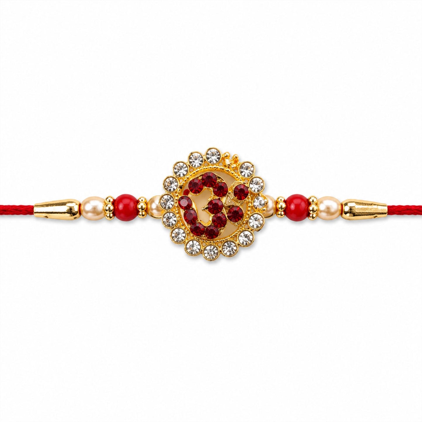 Detailed shot showing Om symbol and stone embellishments on Rakhi