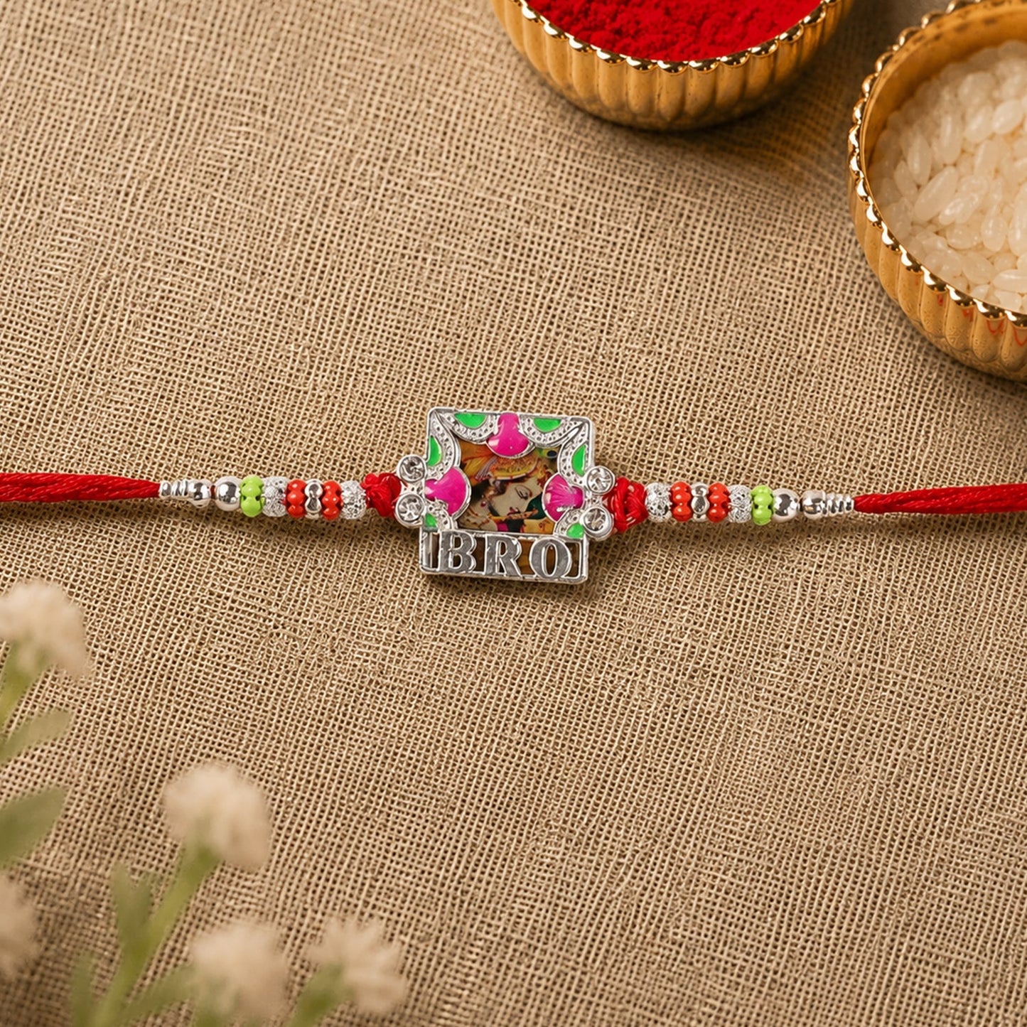Top-down view of the 'Bro' Rakhi highlighting intricate detailing
