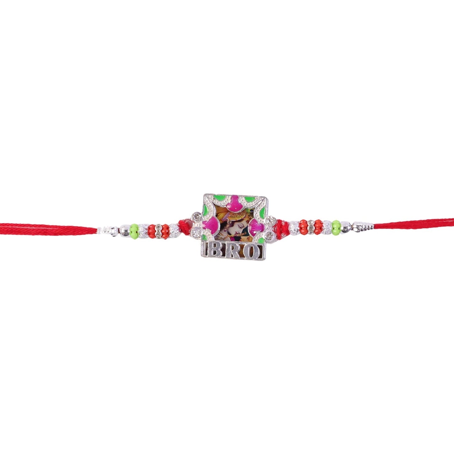 Detailed shot of colorful enamel and thread design of the 'Bro' Rakhi
