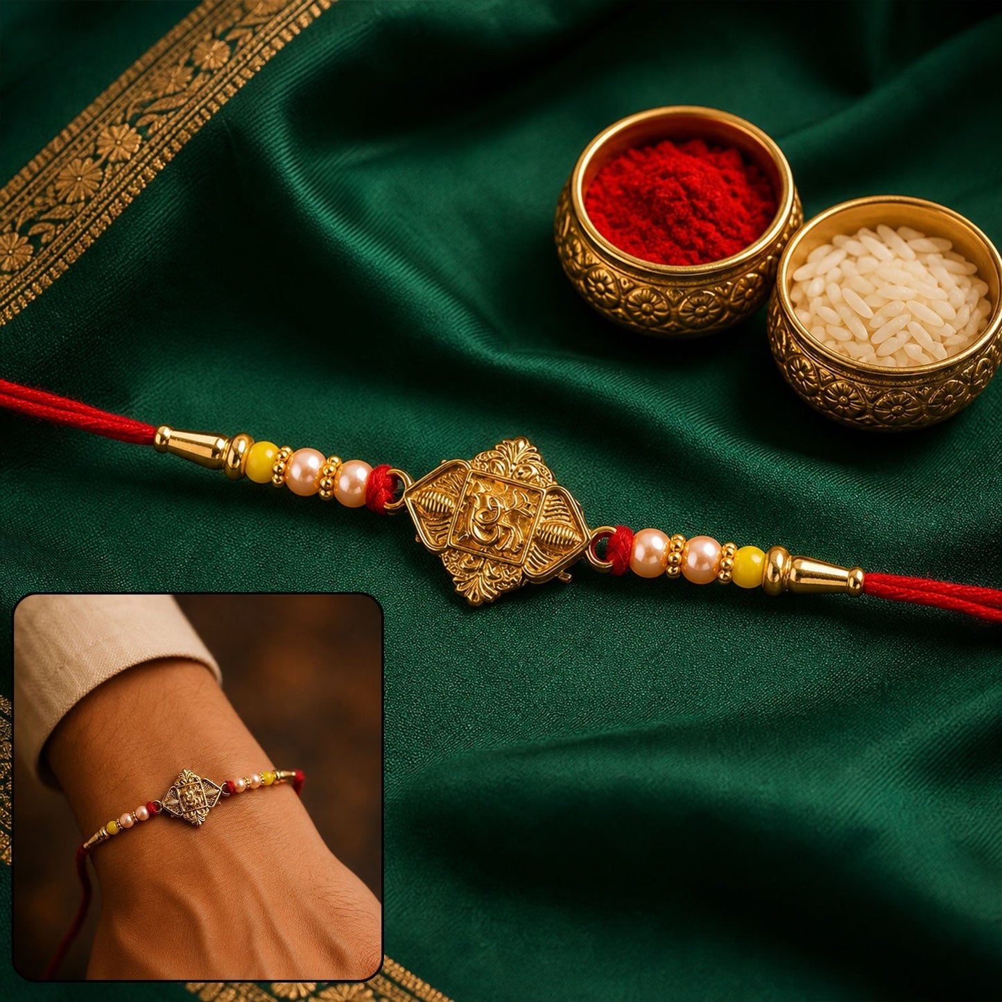Close-up of Lord Ganesha antique gold-tone Rakhi with traditional design