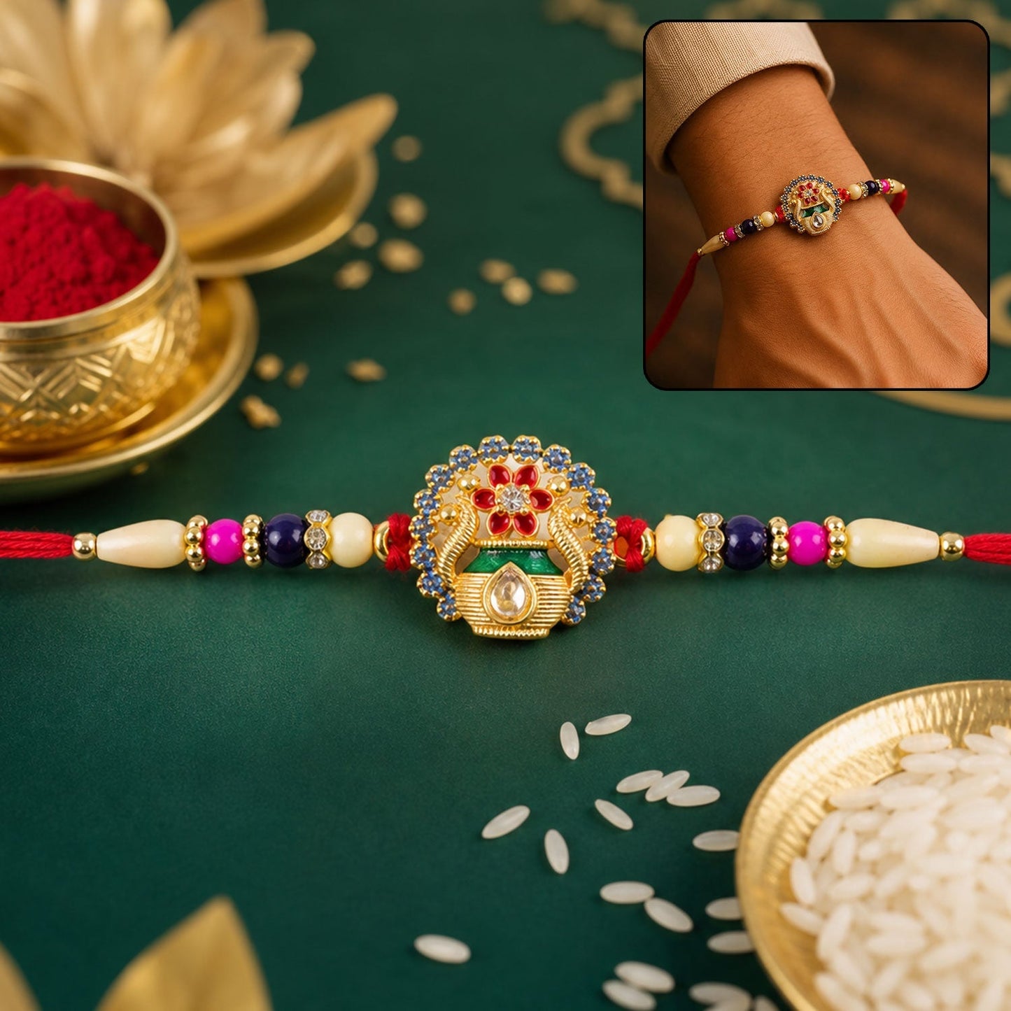 Kalash Rakhi with vibrant beads and traditional design