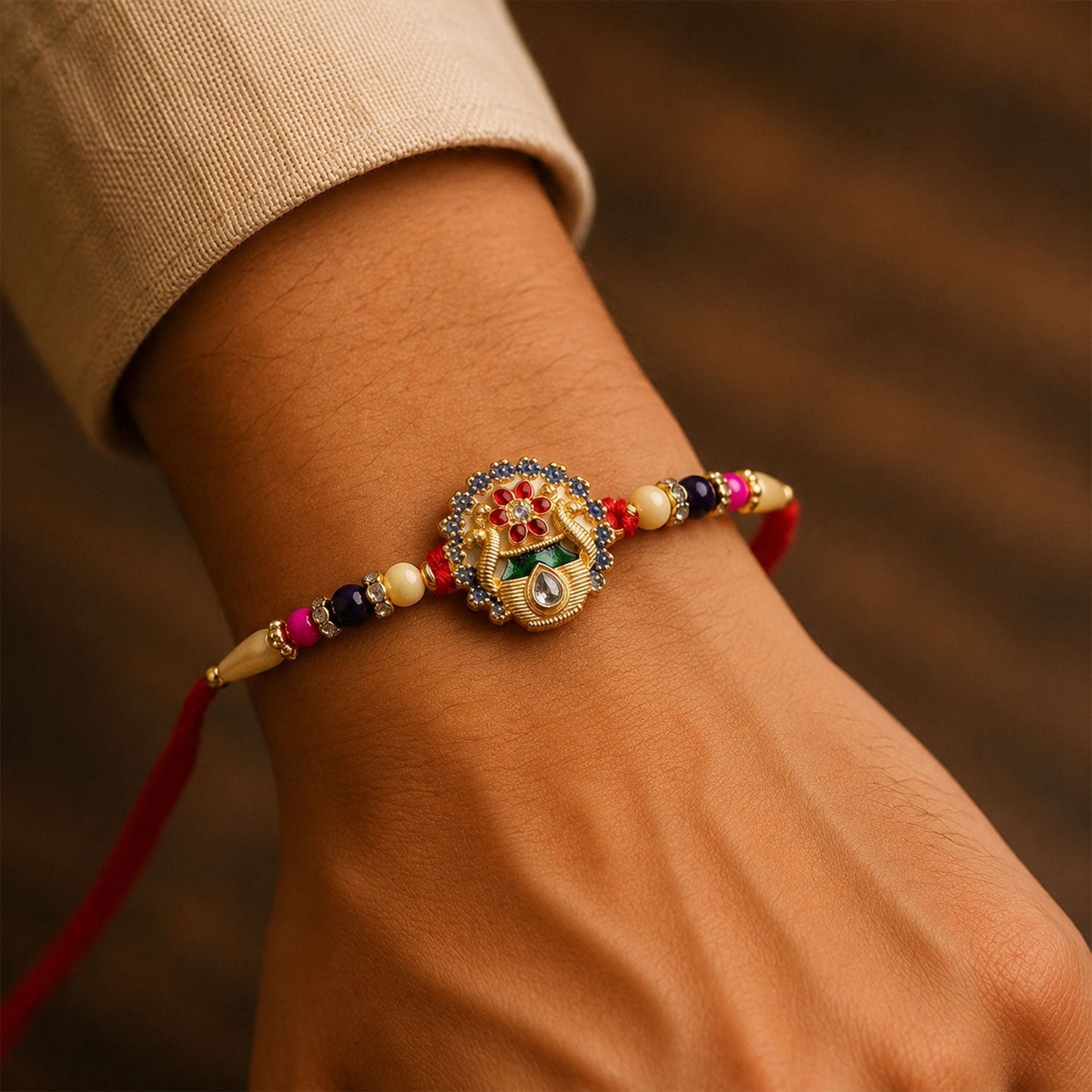 Side view of Kalash Rakhi showcasing intricate beadwork