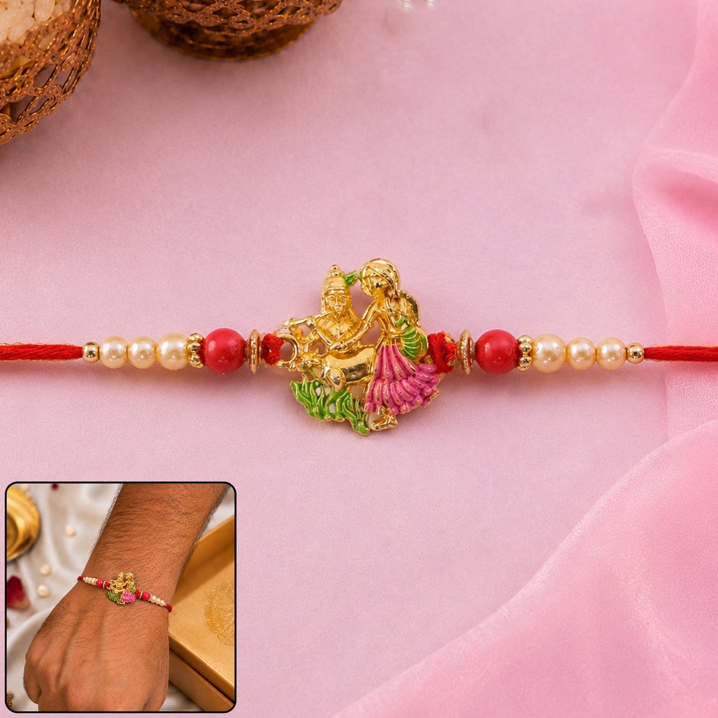 Vibrant Radha Krishna pink green enamel rakhi with gold tone finish